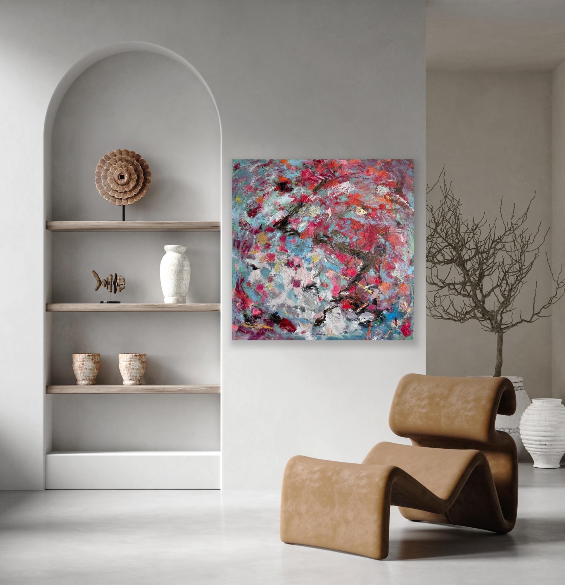 „Rune #4“ – farbenfrohes Rot, abstraktes Gemälde der bildenden Kunst – Painting von Loy Luo