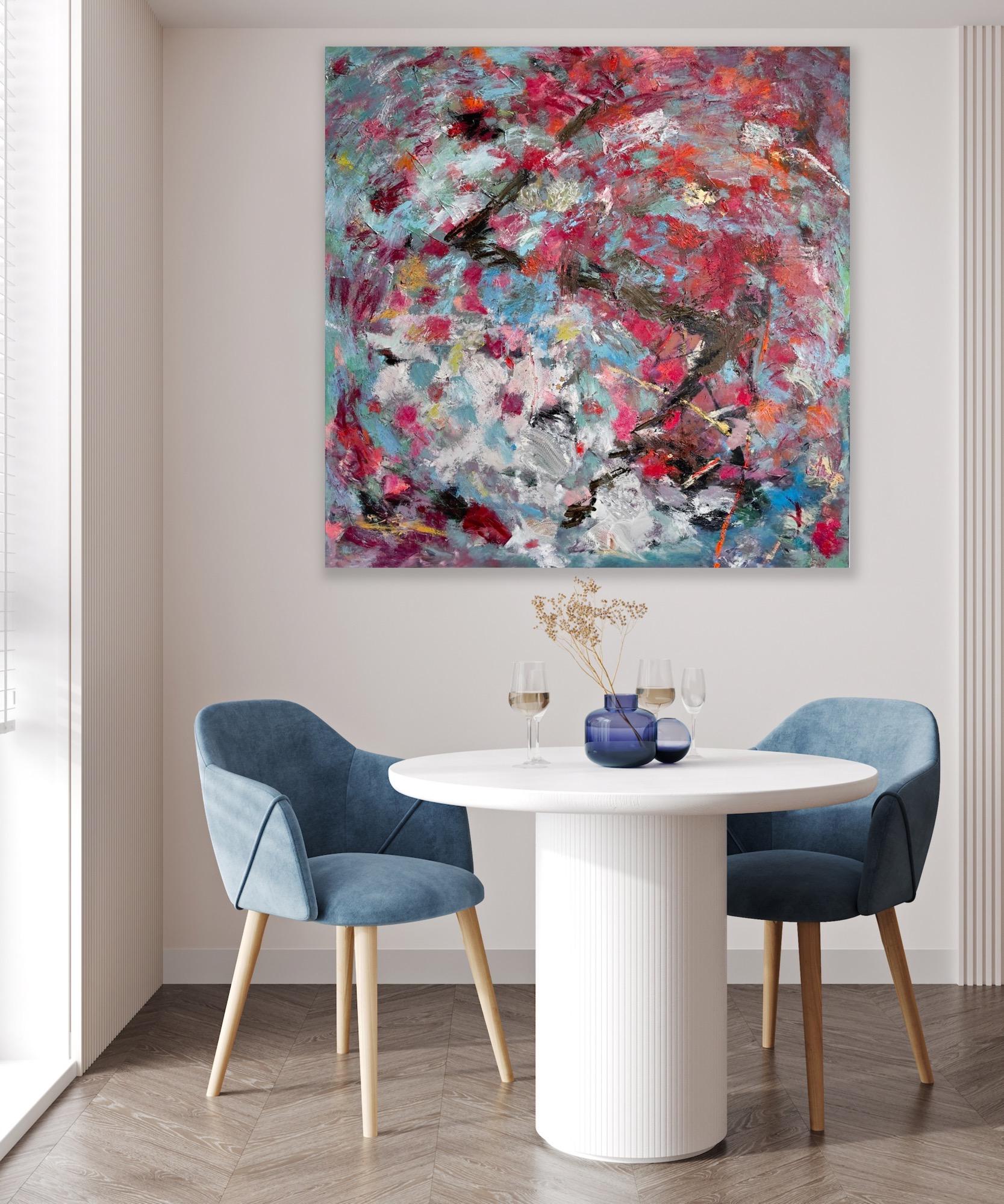 „Rune #4“ – farbenfrohes Rot, abstraktes Gemälde der bildenden Kunst (Grau), Abstract Painting, von Loy Luo
