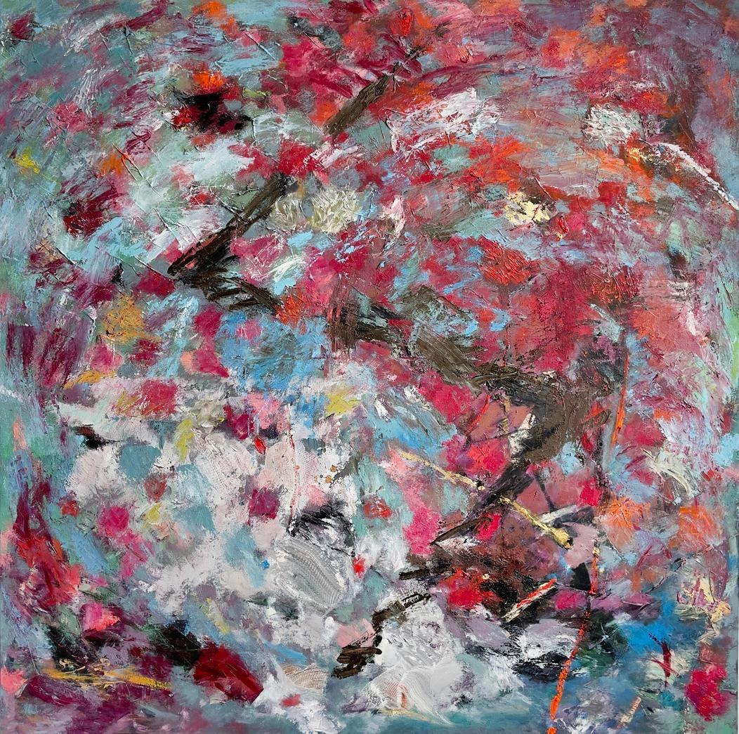 Loy Luo Abstract Painting - "Rune #4"- Richly Colored Reds, Abstract Fine Art Painting