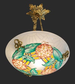 Loys Lucha Art Deco Pendant Chandelier, Enameled Glass, France, 1920"