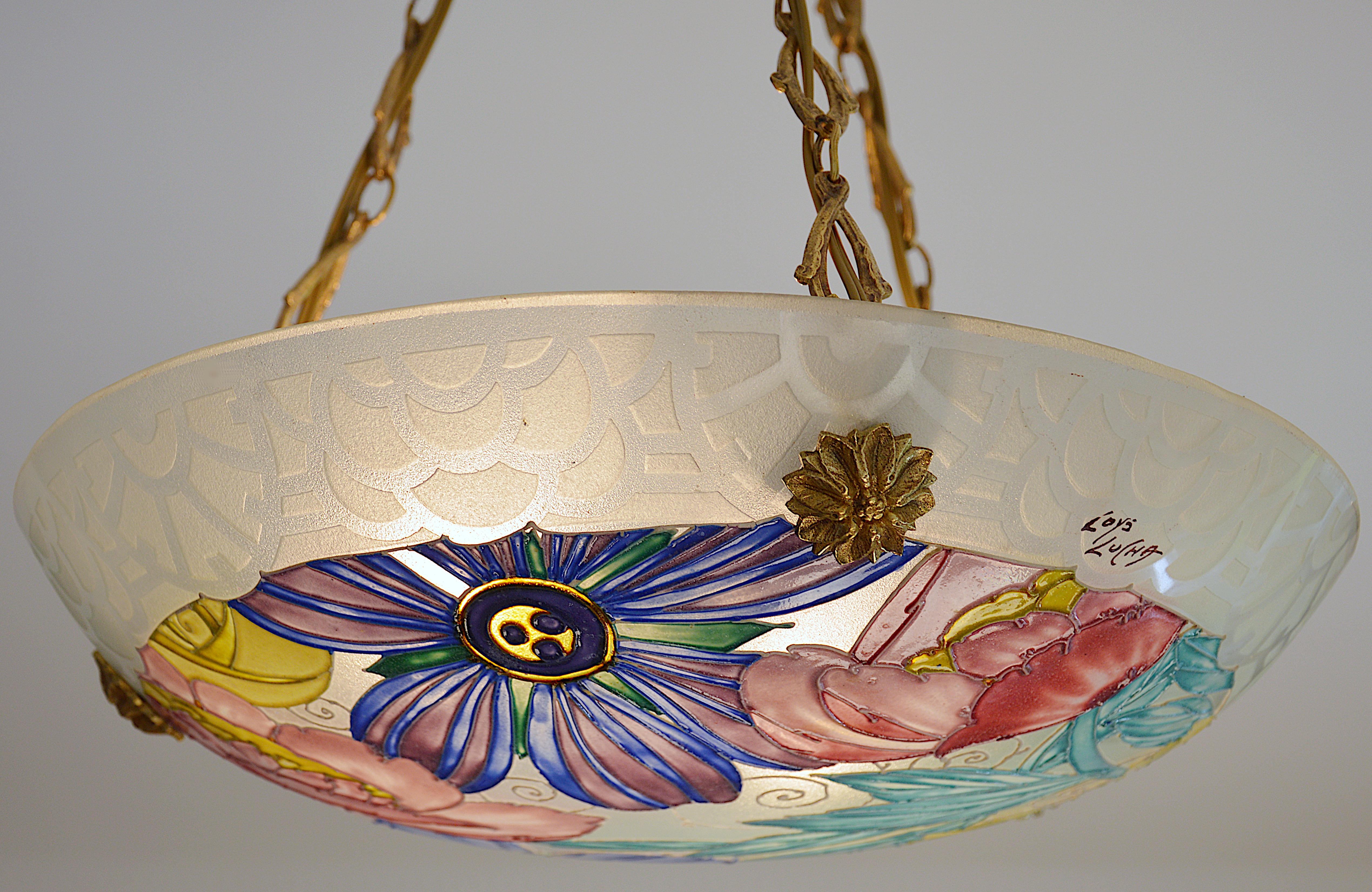 Loys Lucha / Charles Ranc Stunning French Art Deco Pendant Chandelier, 1920s For Sale 4