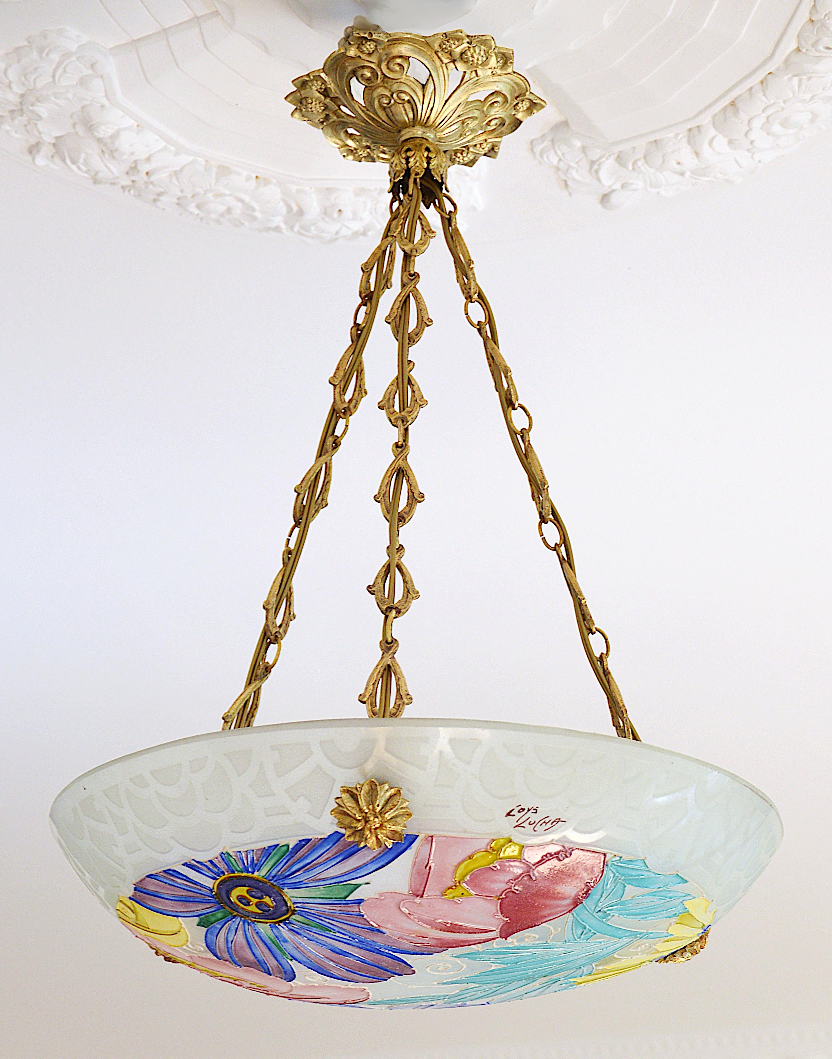 French Art Deco chandelier by Loys Lucha (Paris), France, 1920s. Etched (edge) and enameled (pattern) glass shade hung at its bronze fixture by Charles RANC (Paris). Height : 19.7