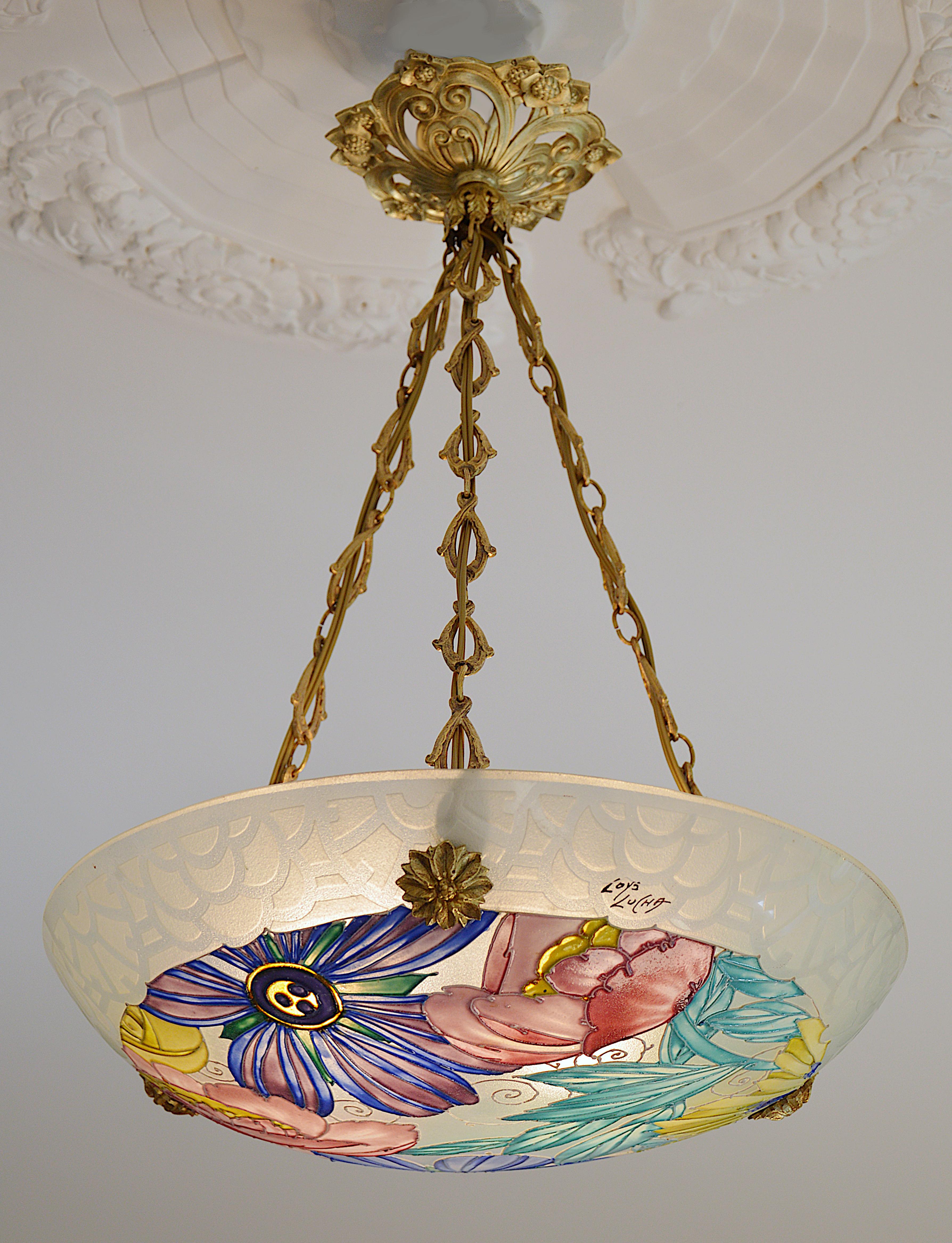 Superbe lustre suspendu Loys Lucha / Charles Ranc, 1920 Excellent état - En vente à Saint-Amans-des-Cots, FR