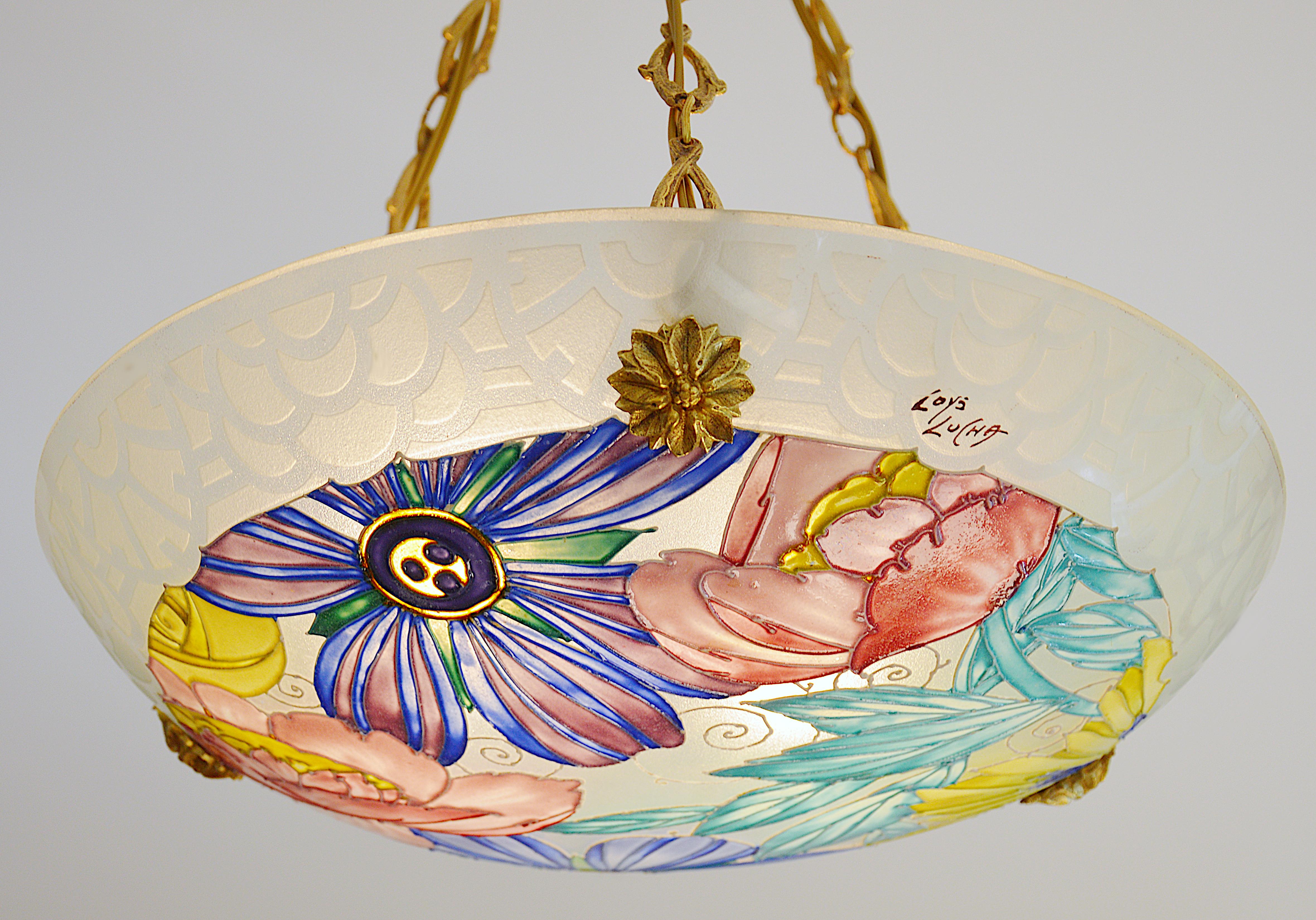 Loys Lucha / Charles Ranc Stunning French Art Deco Pendant Chandelier, 1920s For Sale 1