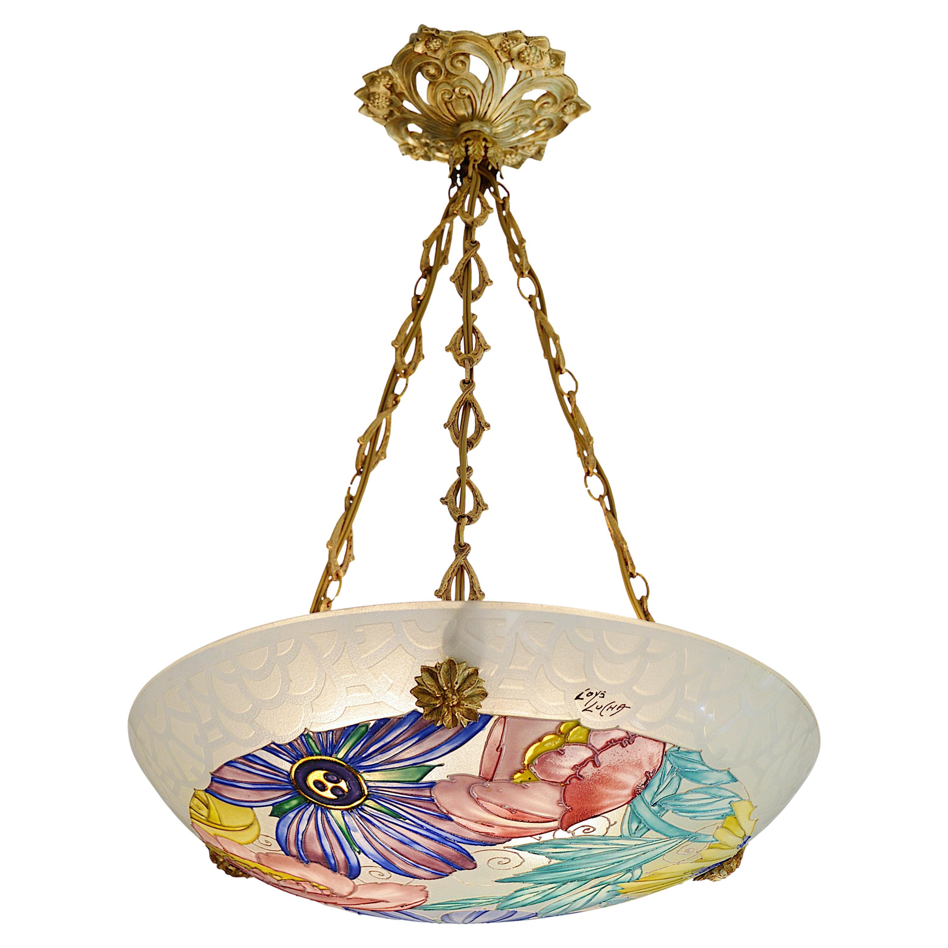 Loys Lucha / Charles Ranc Stunning French Art Deco Pendant Chandelier, 1920s