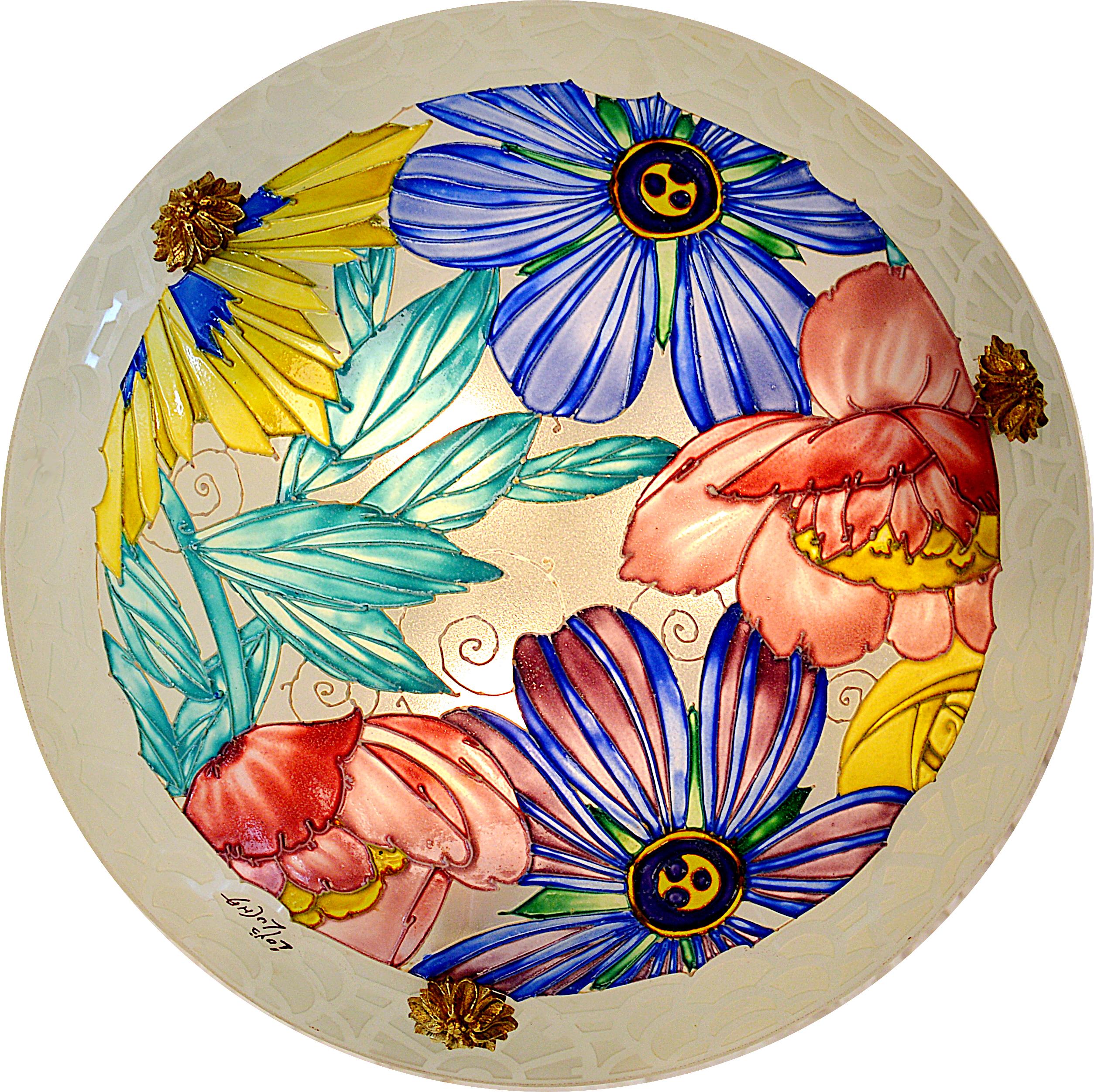 Smaltato Loys Lucha / Charles Ranc Stupefacente lampadario a sospensione 1920 in vendita