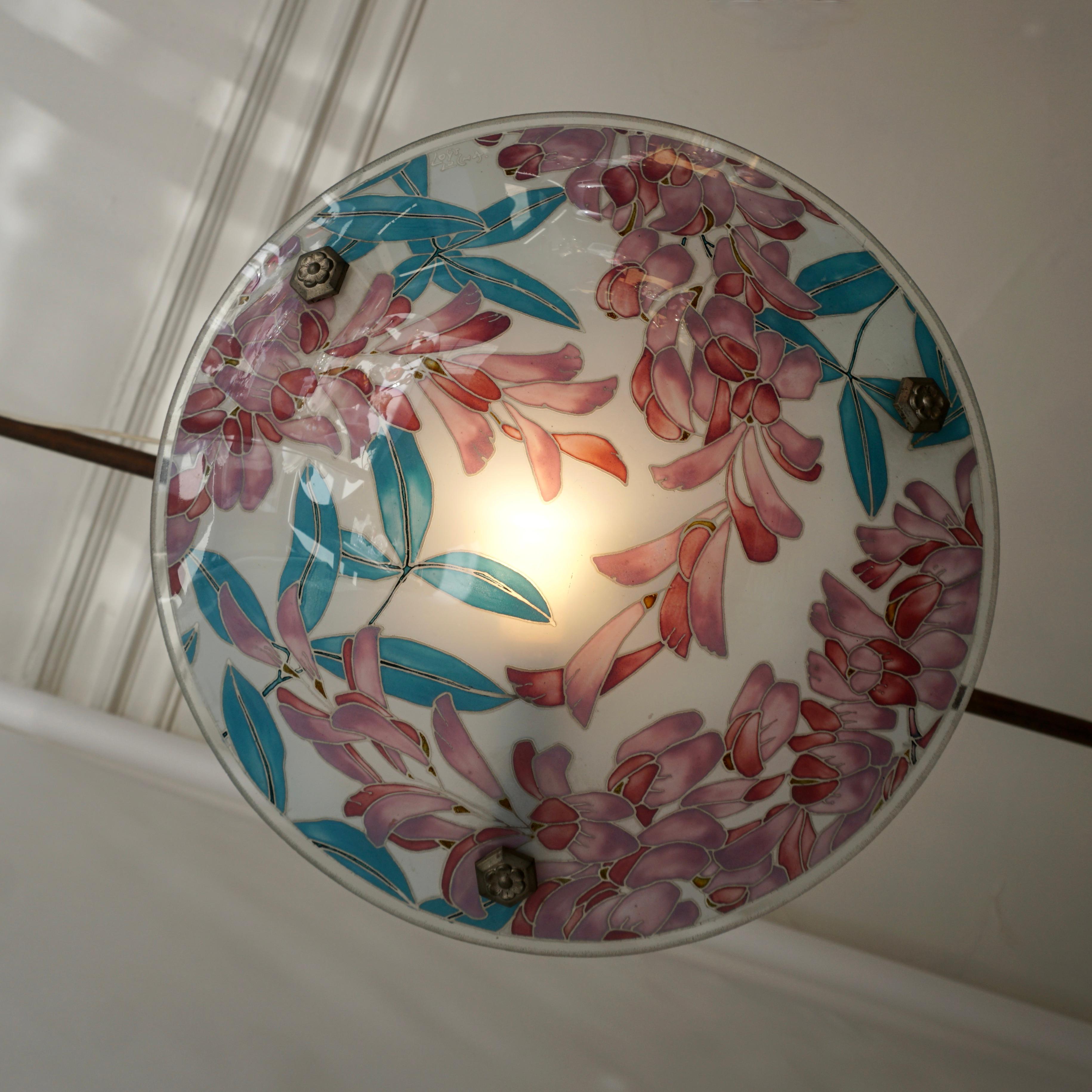 Loys Lucha French Art Deco Organic & Vibrant Floral Design Glass Pendant Light  In Good Condition For Sale In Antwerp, BE
