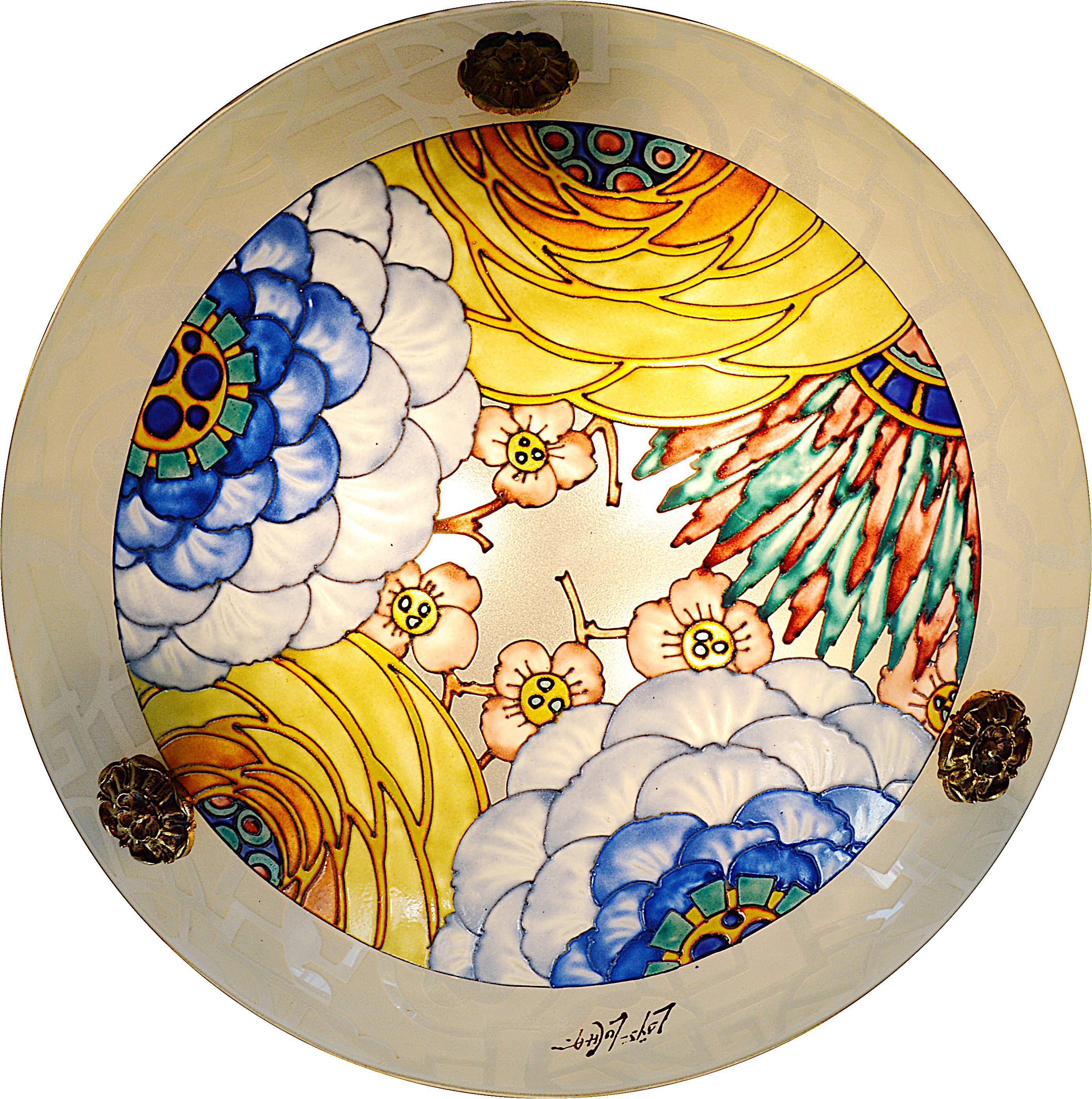 French Art Deco pendant chandelier by Loys Lucha (Paris), France, 1920s. Etched (edge) and enamelled (pattern) glass shade hung at its stamped brass fixture. Measures: Height 23.6