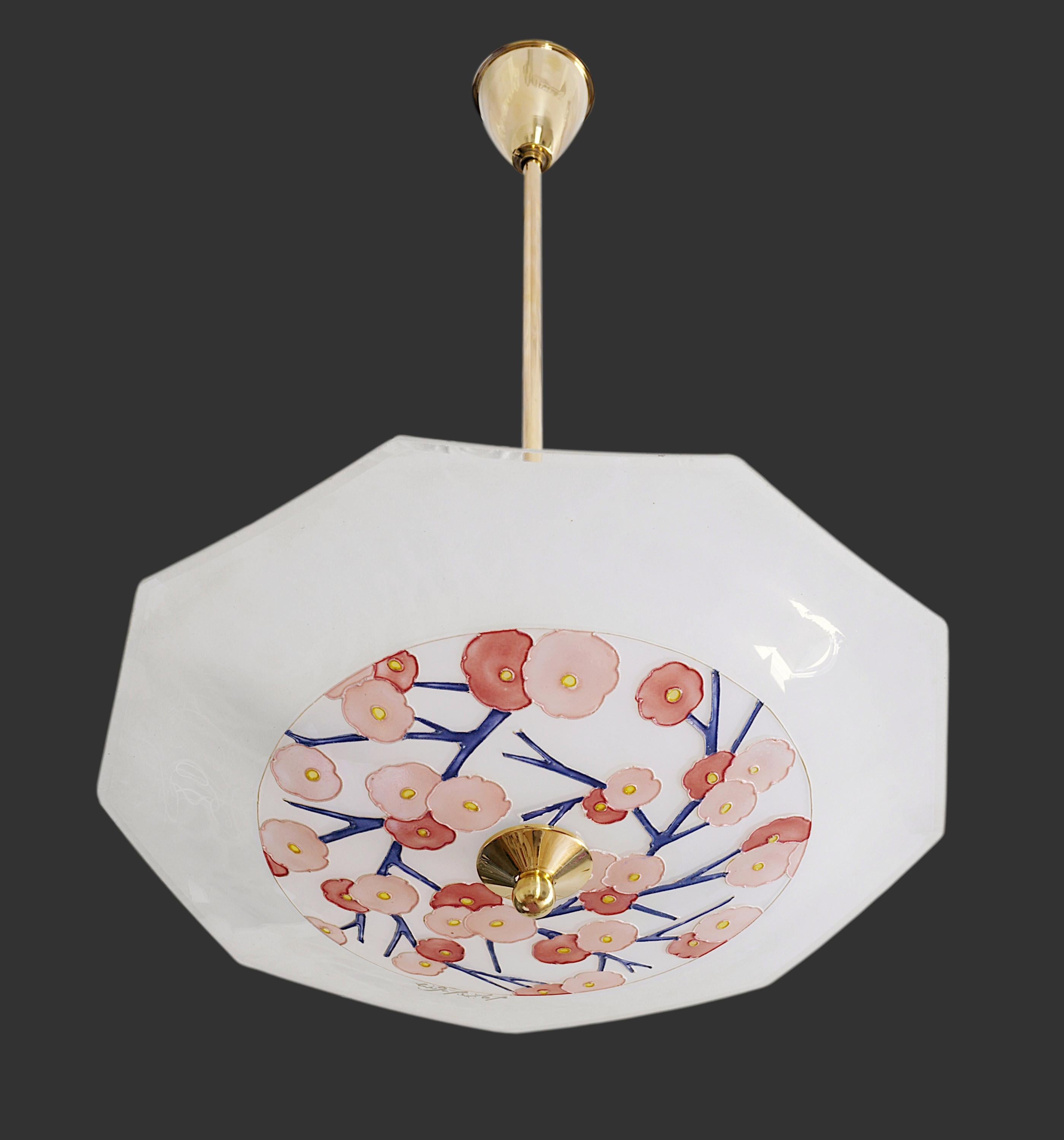 French Art Deco pendant chandelier by LOYS LUCHA (Paris), France, 1920s. Etched (edge) and enameled (pattern) glass shade hung at its brass fixture. Height : 23.6