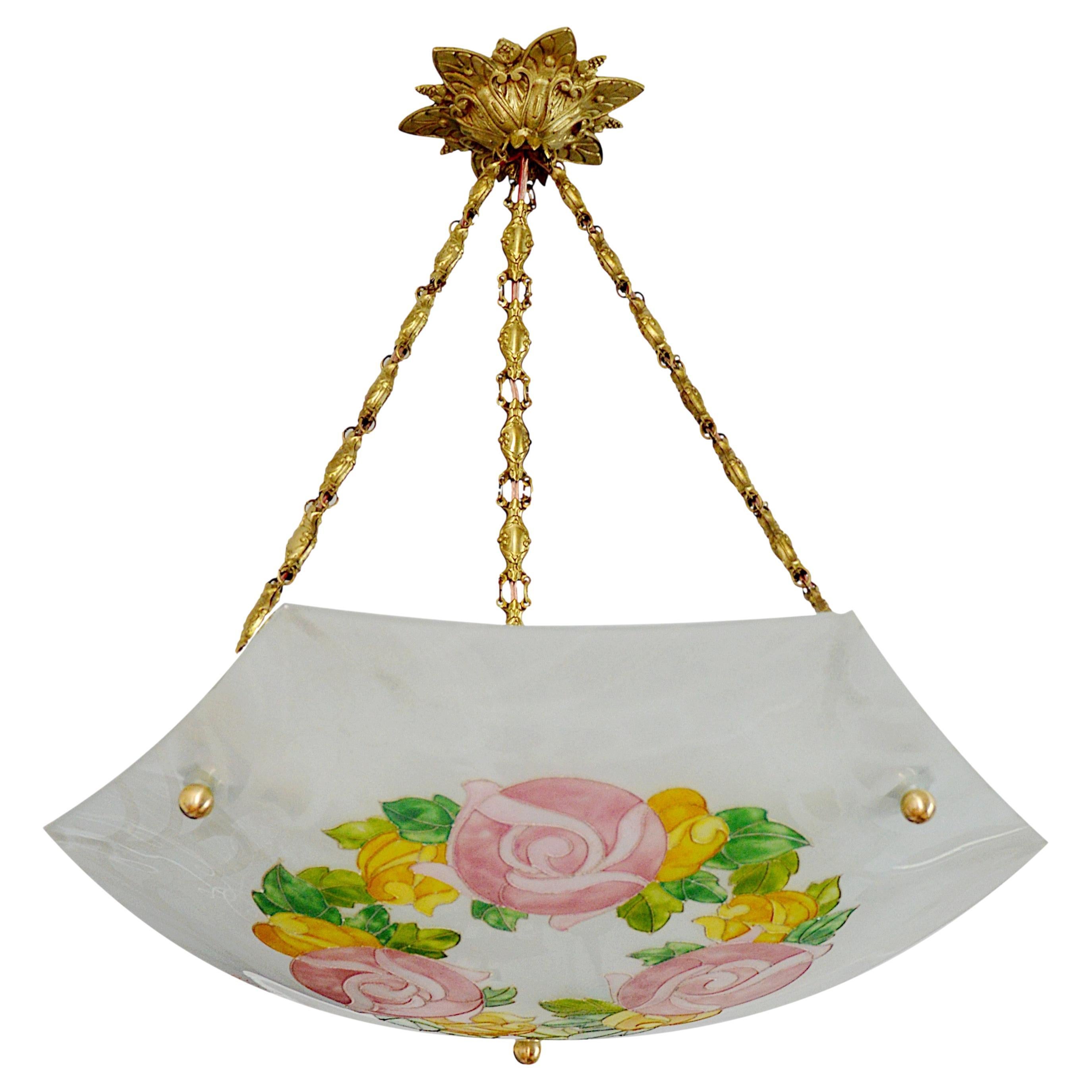 Enameled Loys Lucha French Art Deco Pendant Chandelier, 1920 For Sale