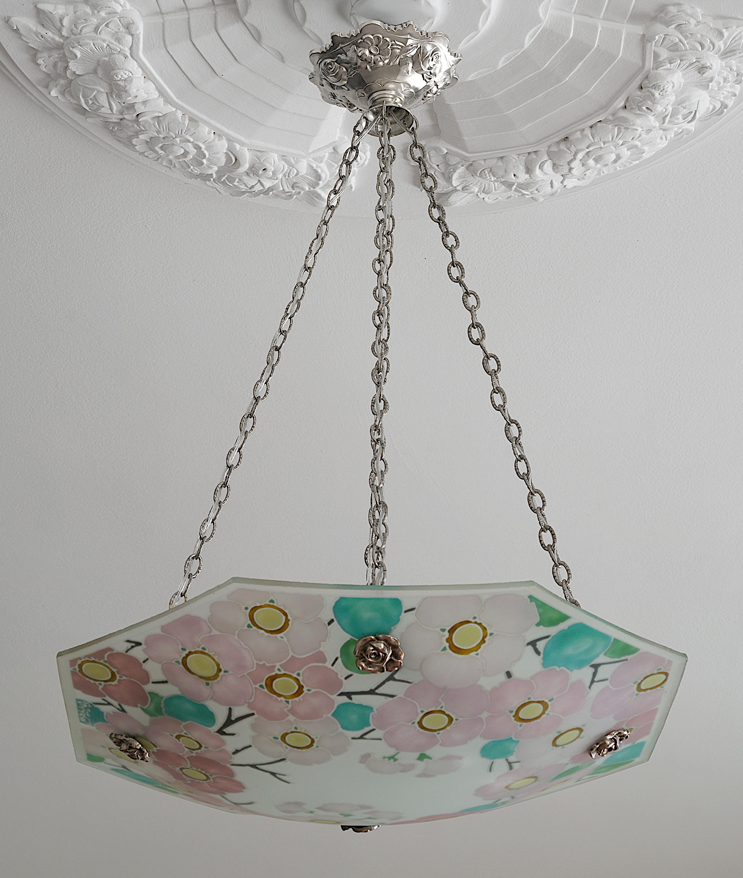 Enameled Loys Lucha French Art Deco Pendant Chandelier, 1920s