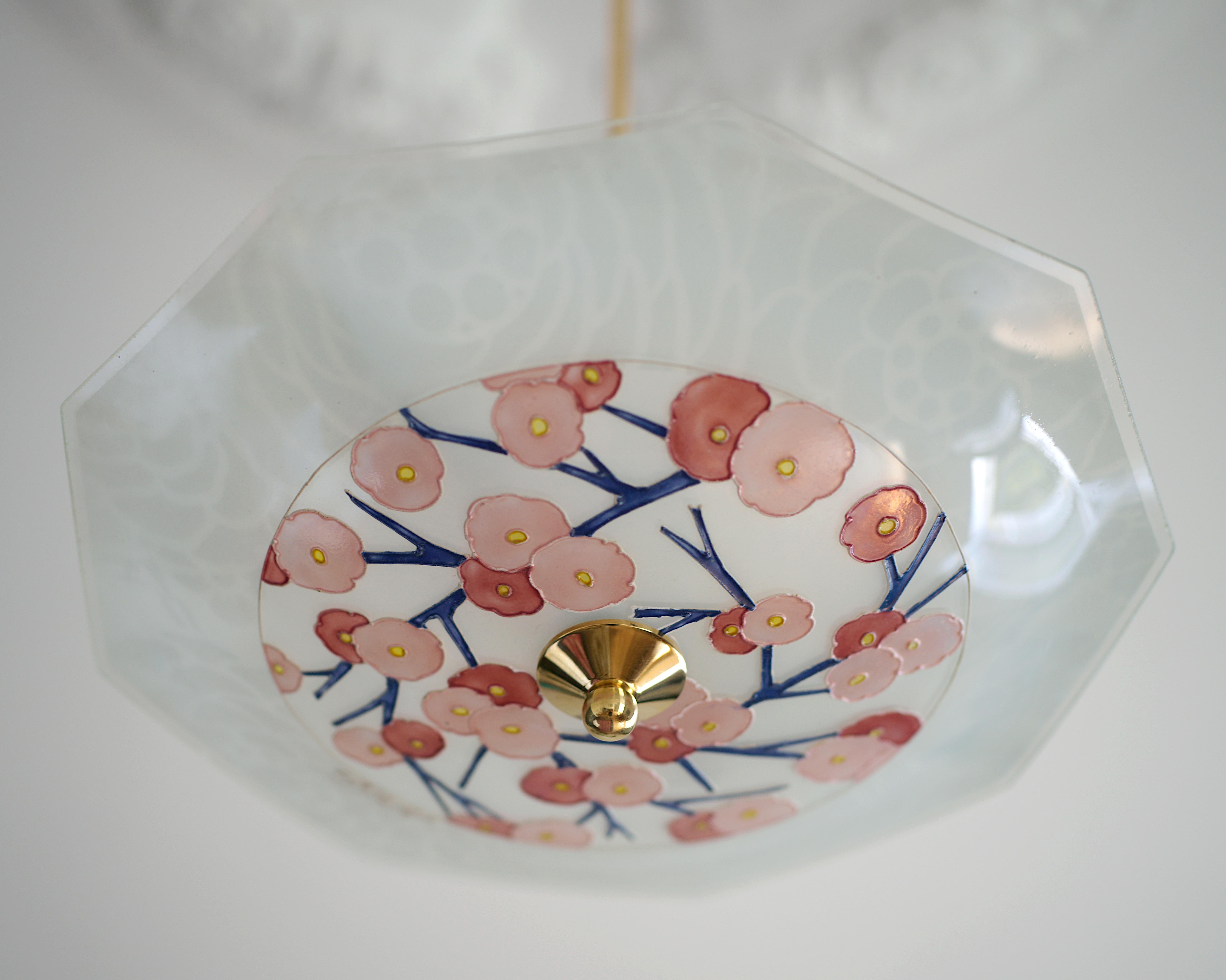 Etched Loys Lucha French Art Deco Pendant Chandelier, 1920 For Sale