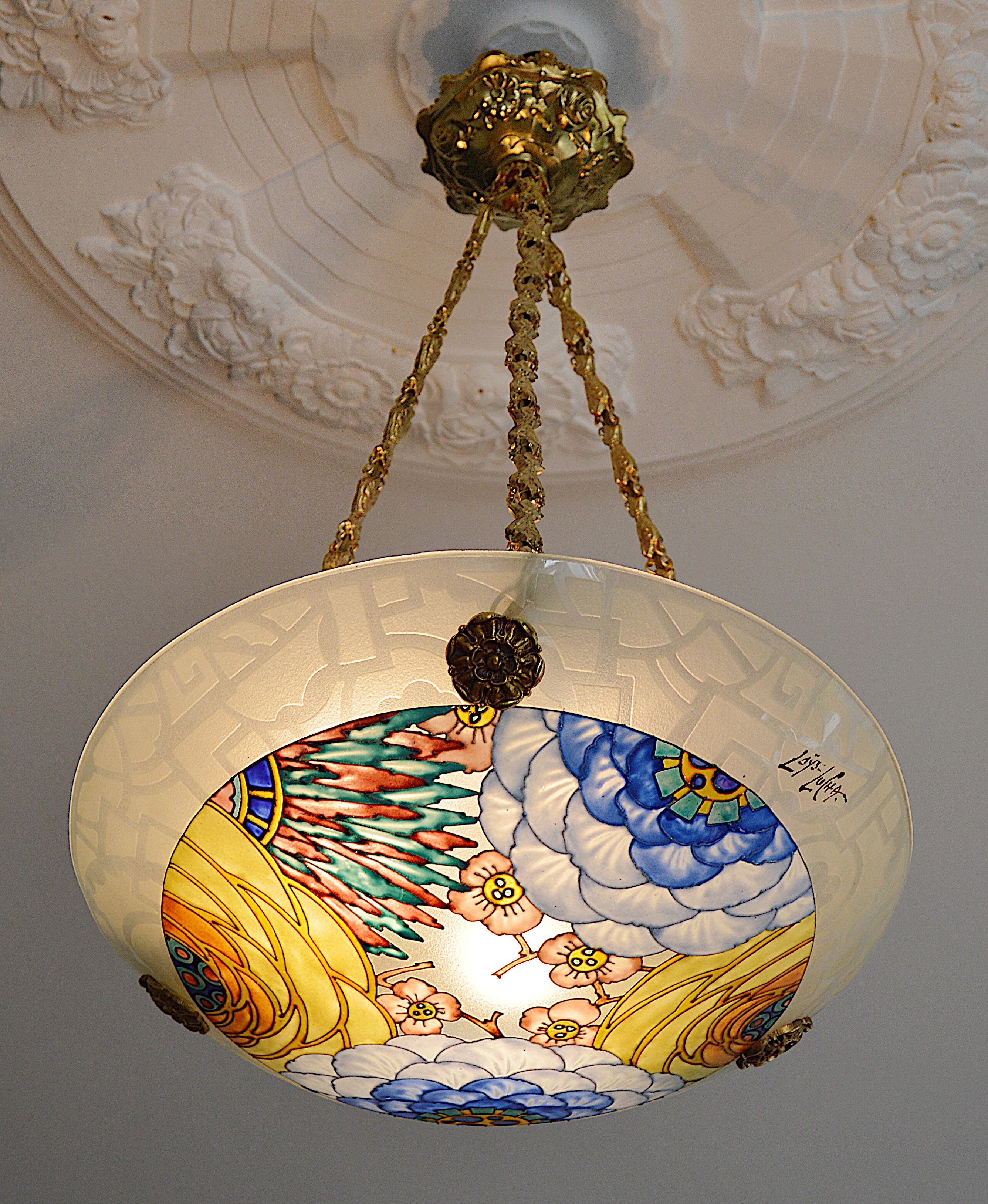 Loys Lucha French Art Deco Pendant Chandelier, 1920s In Excellent Condition In Saint-Amans-des-Cots, FR