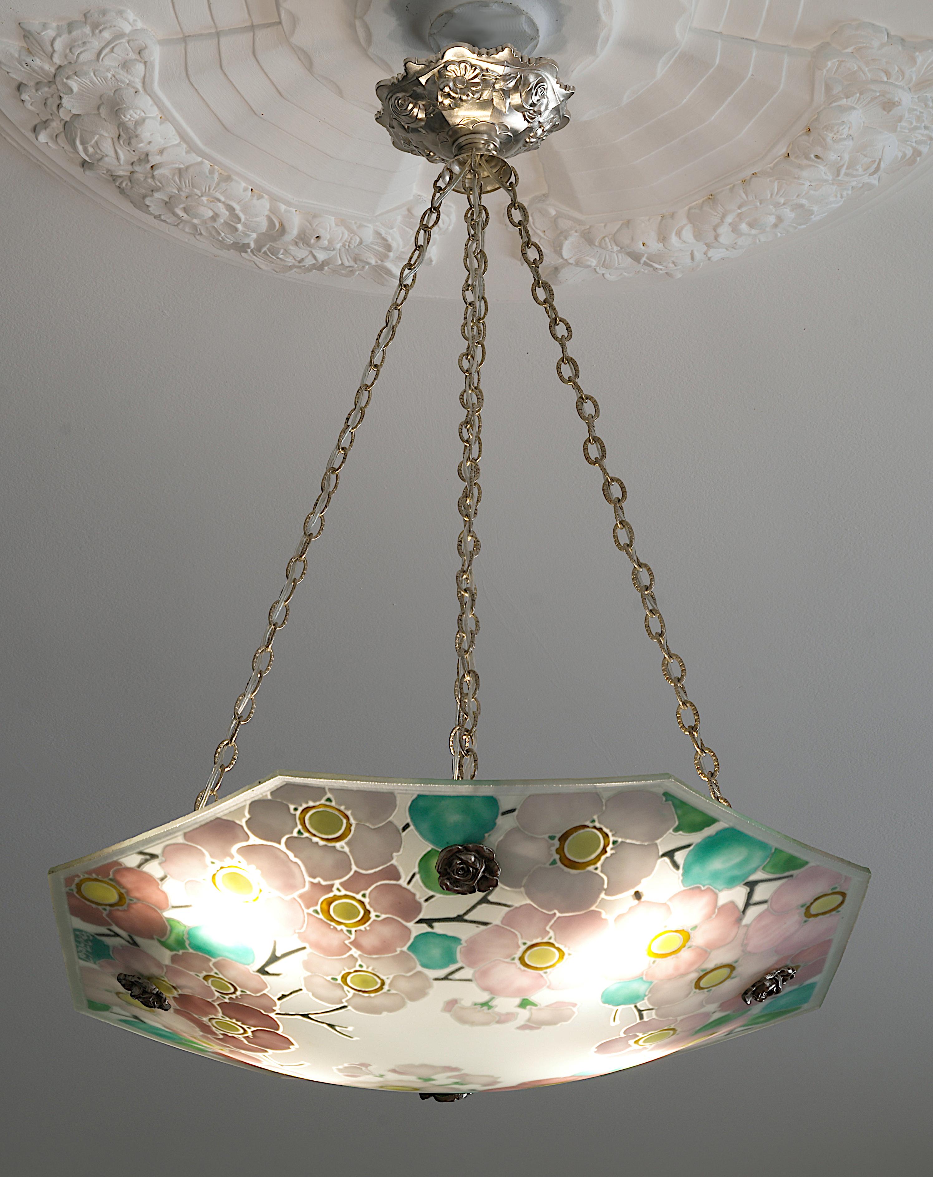 Loys Lucha French Art Deco Pendant Chandelier, 1920s In Excellent Condition In Saint-Amans-des-Cots, FR