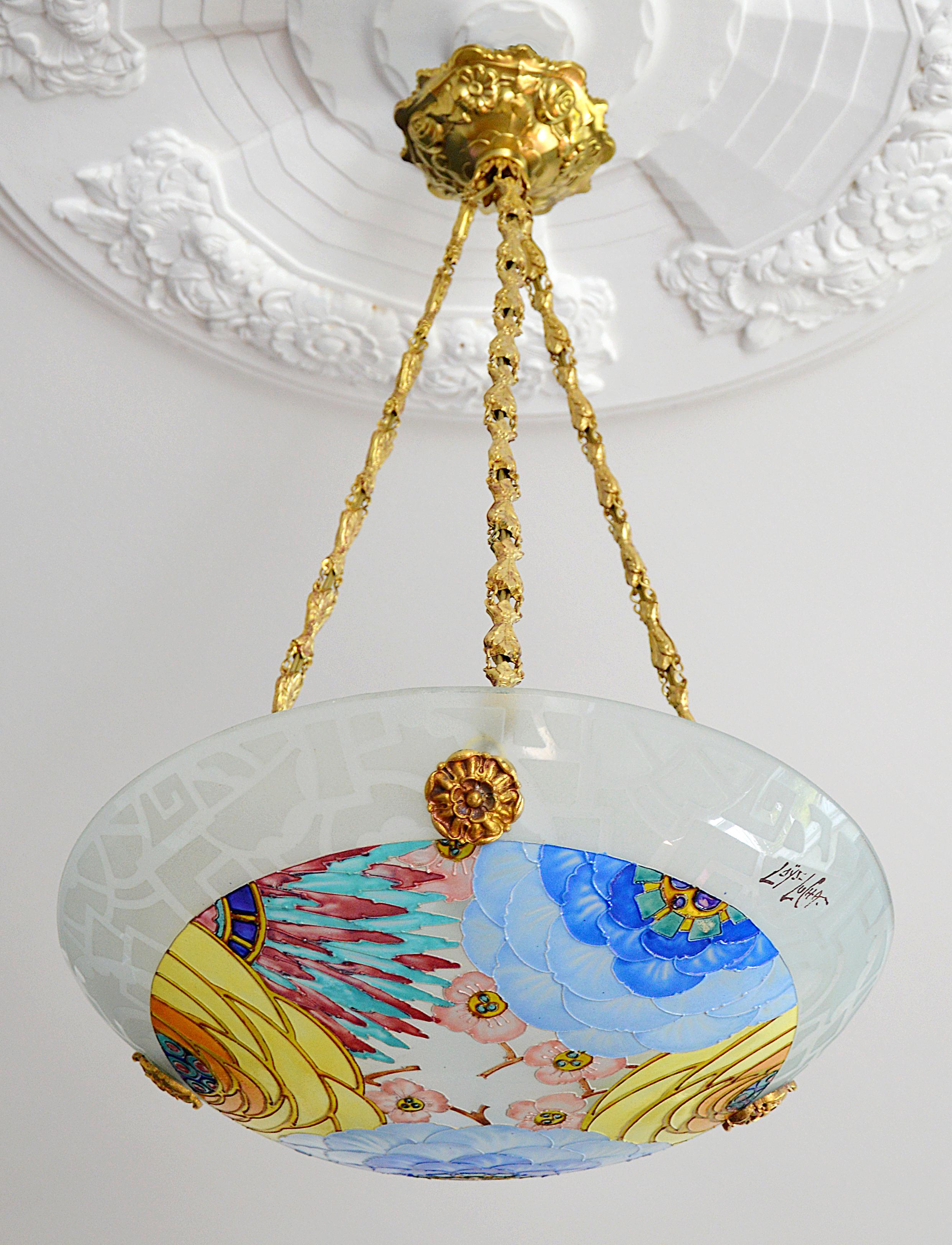 Brass Loys Lucha French Art Deco Pendant Chandelier, 1920s