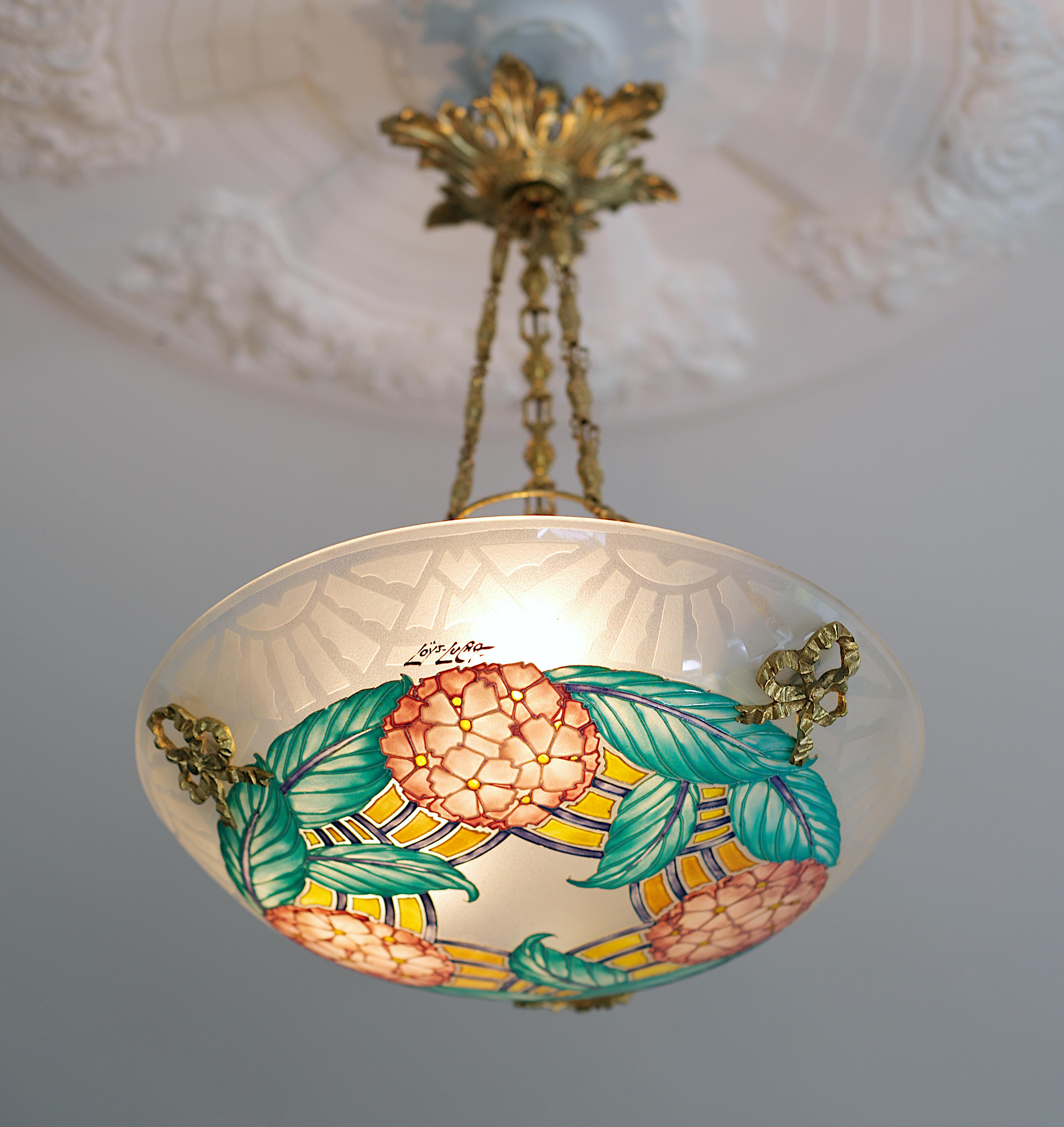 Smaltato Lampadario a sospensione Loys Lucha, 1920 in vendita