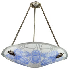 Loys Lucha Signed French Art Deco Blue and White Glass Pendant Light