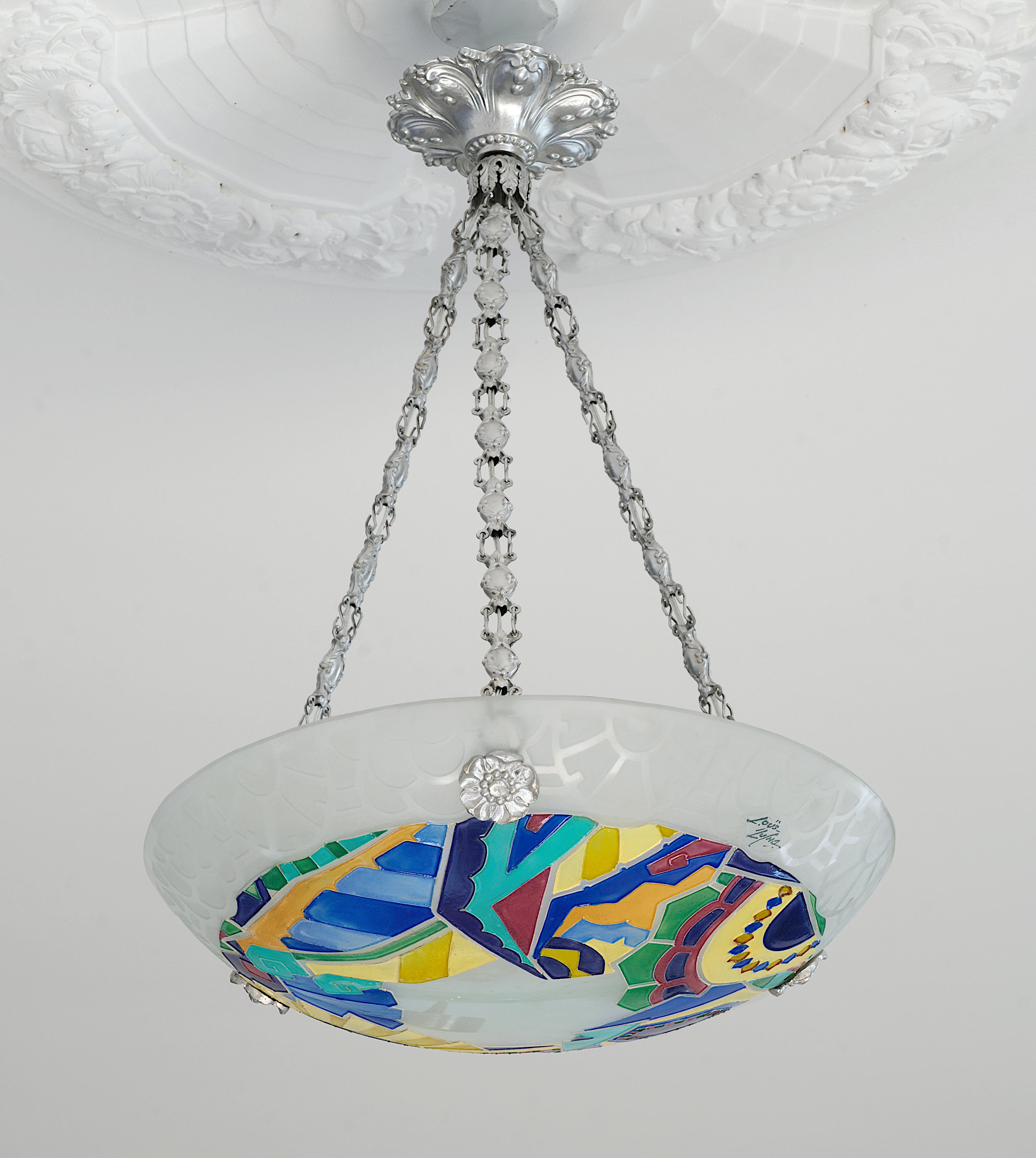 Etched Loys Lucha Stunning French Art Deco Pendant Chandelier, 1918-1920 For Sale