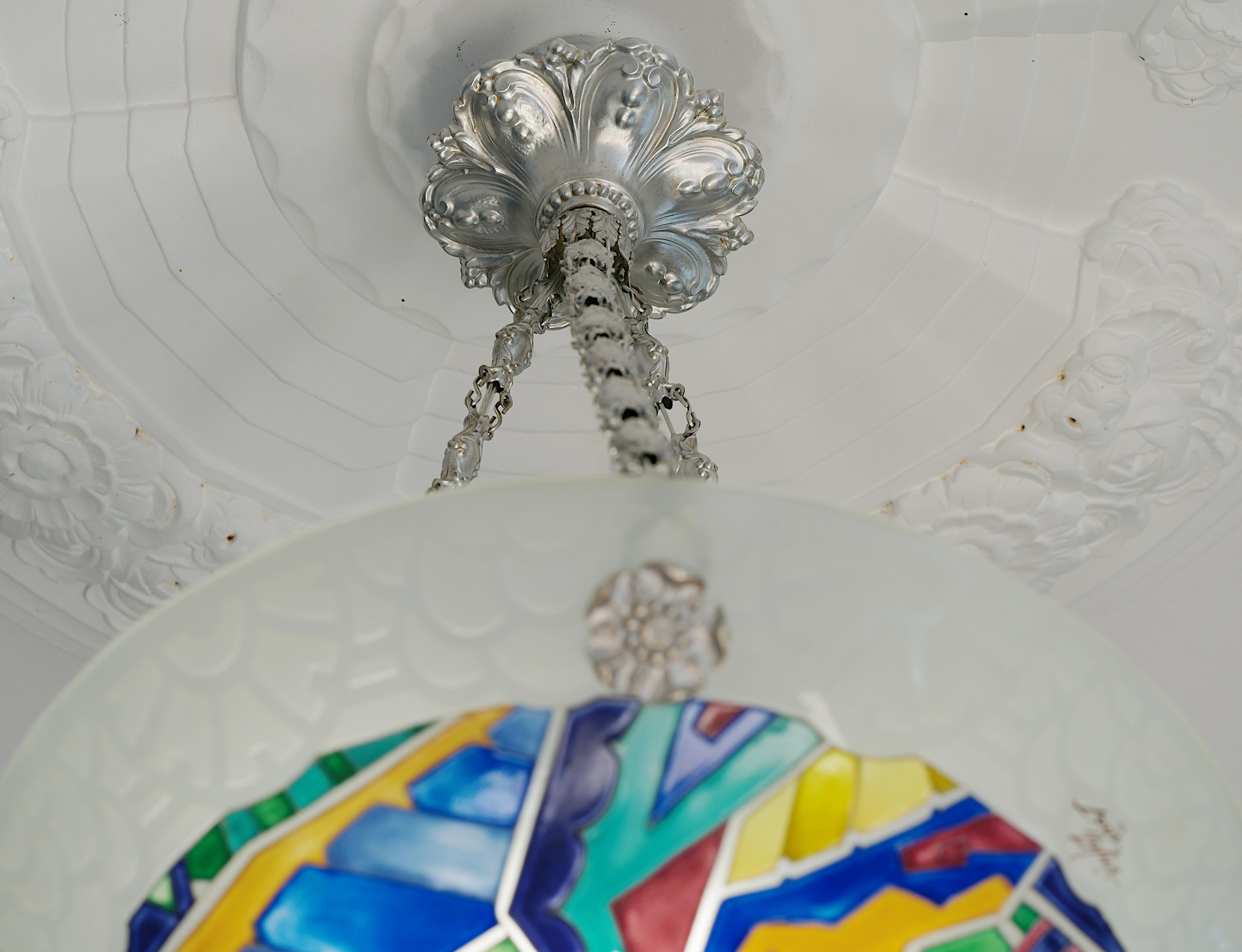 Brass Loys Lucha Stunning French Art Deco Pendant Chandelier, 1918-1920 For Sale