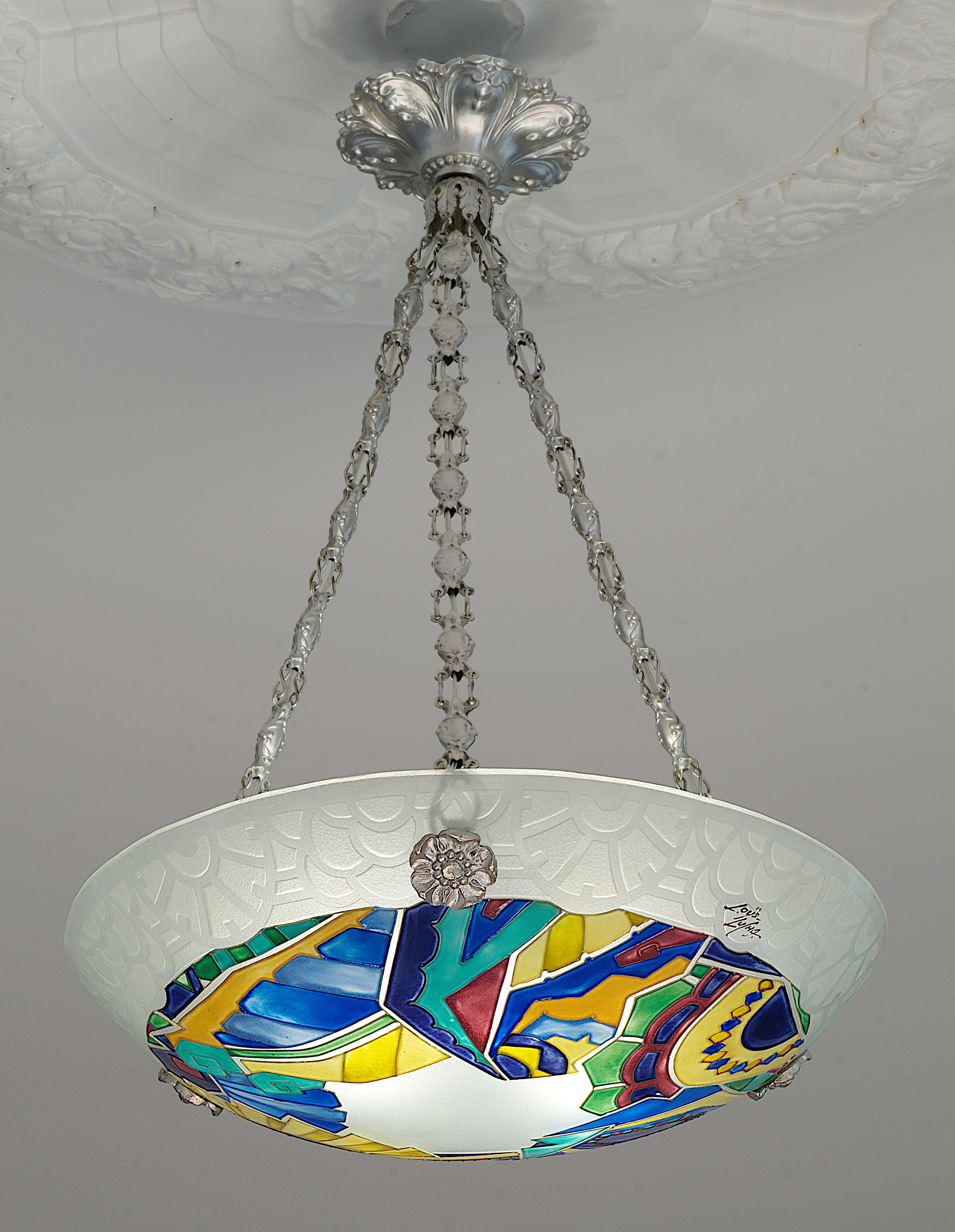 Début du 20ème siècle Superbe lustre à suspension Art Déco français Loys Lucha, années 1920 en vente