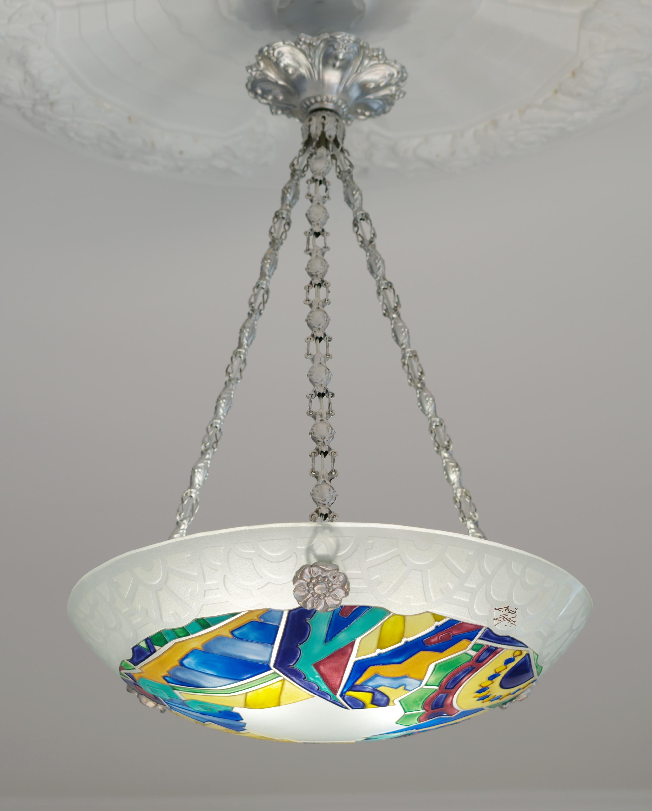 Loys Lucha Stunning French Art Deco Pendant Chandelier, 1918-1920 For Sale 2