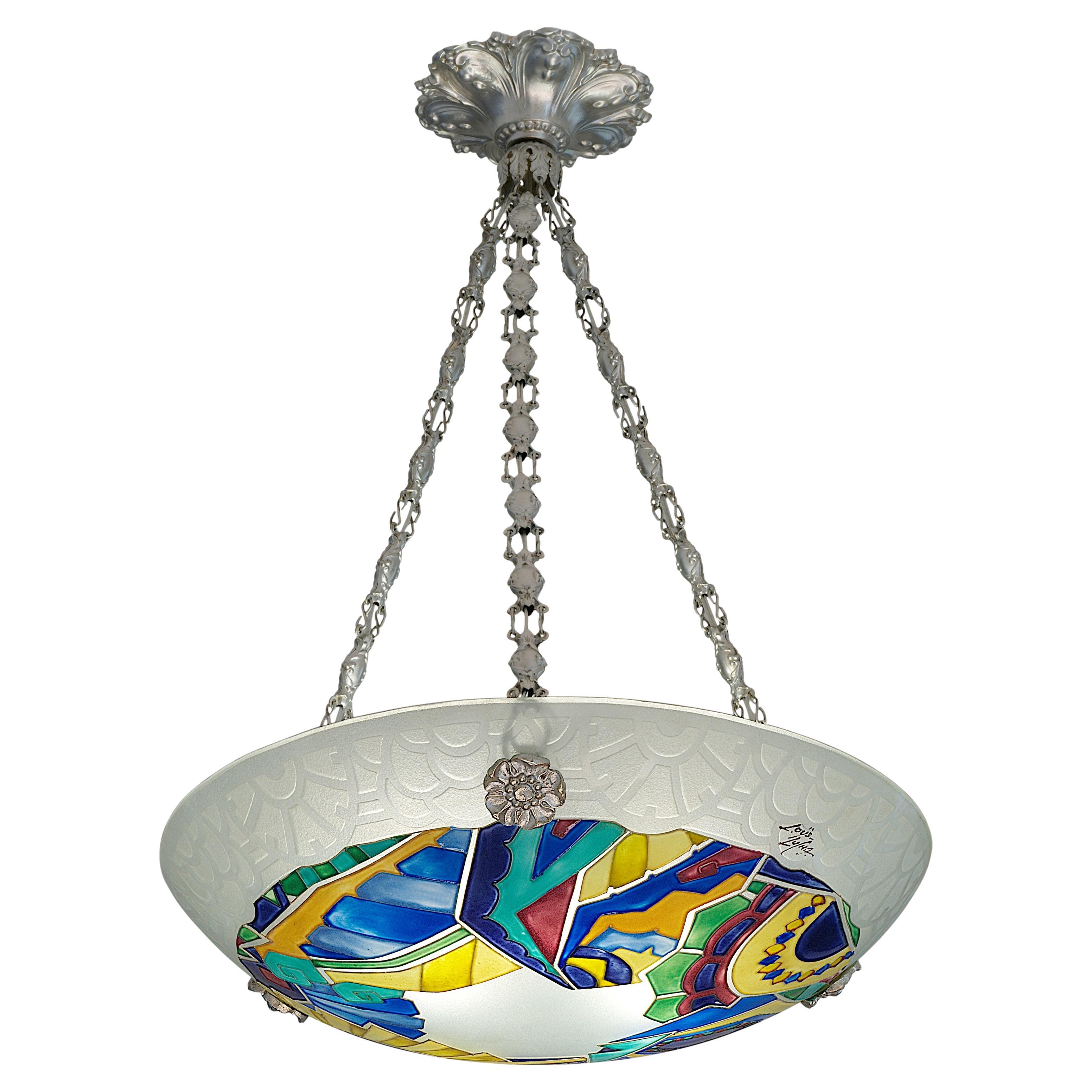 Loys Lucha Stunning French Art Deco Pendant Chandelier, 1918-1920