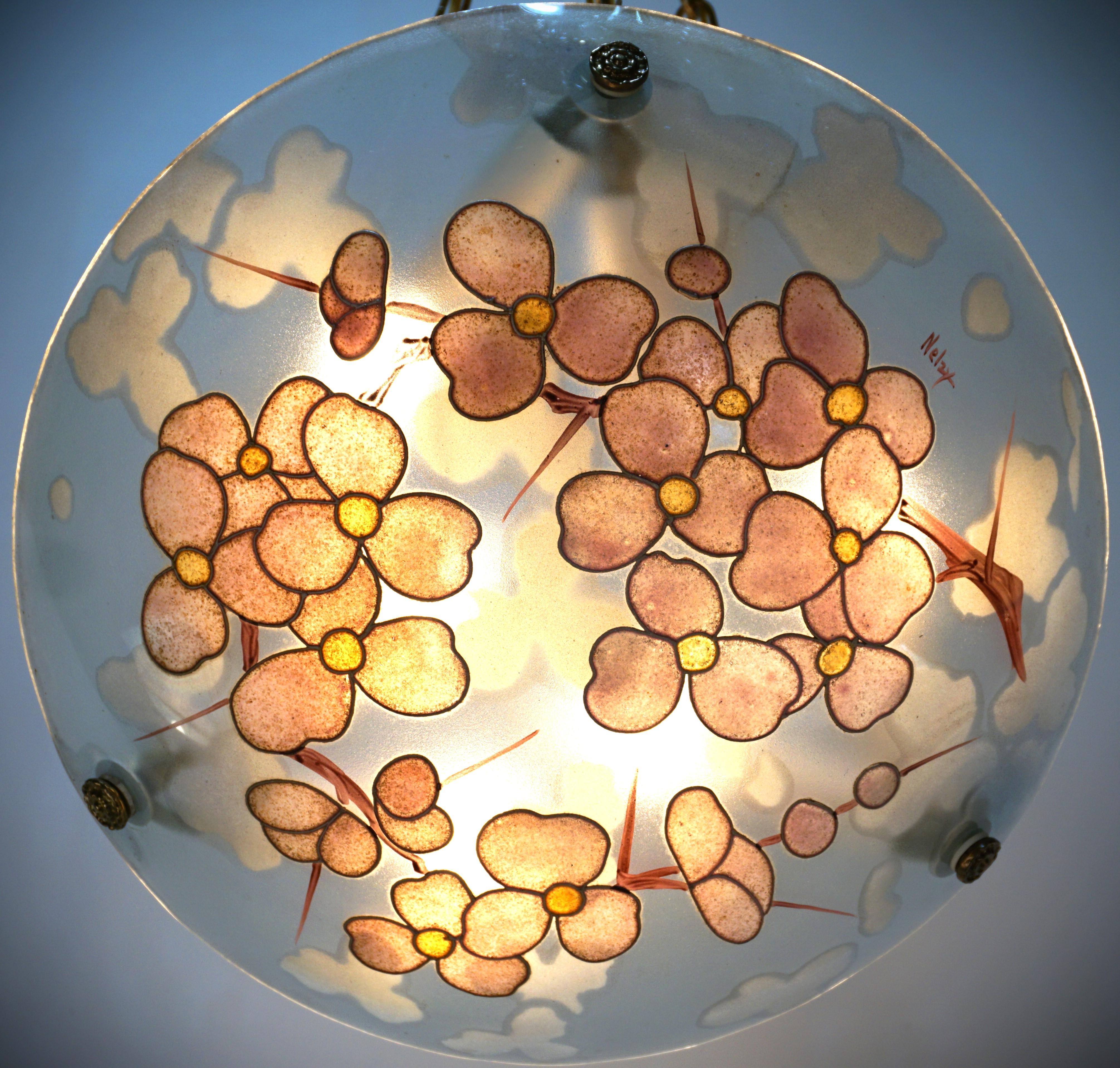Beautiful 1930's heavy hand painted enameled glass Chandelier.
Six lights professionally rewired and ready for installation.
Height can be adjusted by removing some of the chain.
