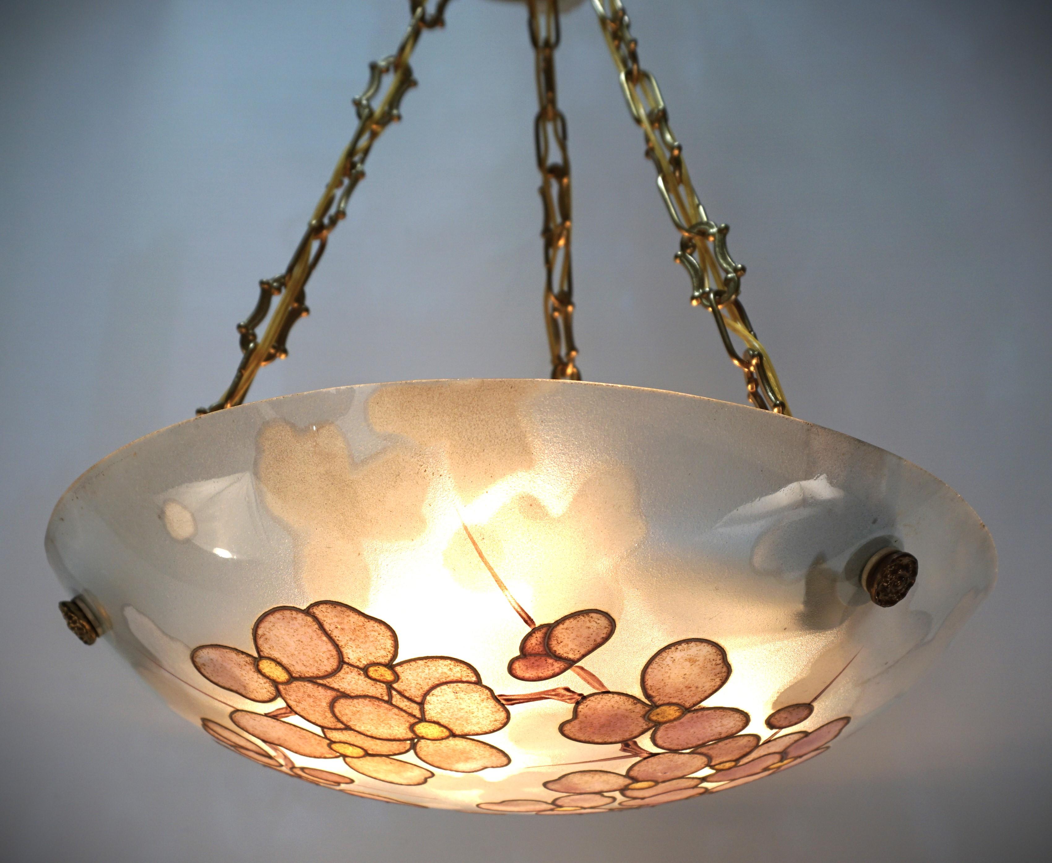 Art Deco Loys Lucha Style Hand Painted 1930s Pendant Chandelier
