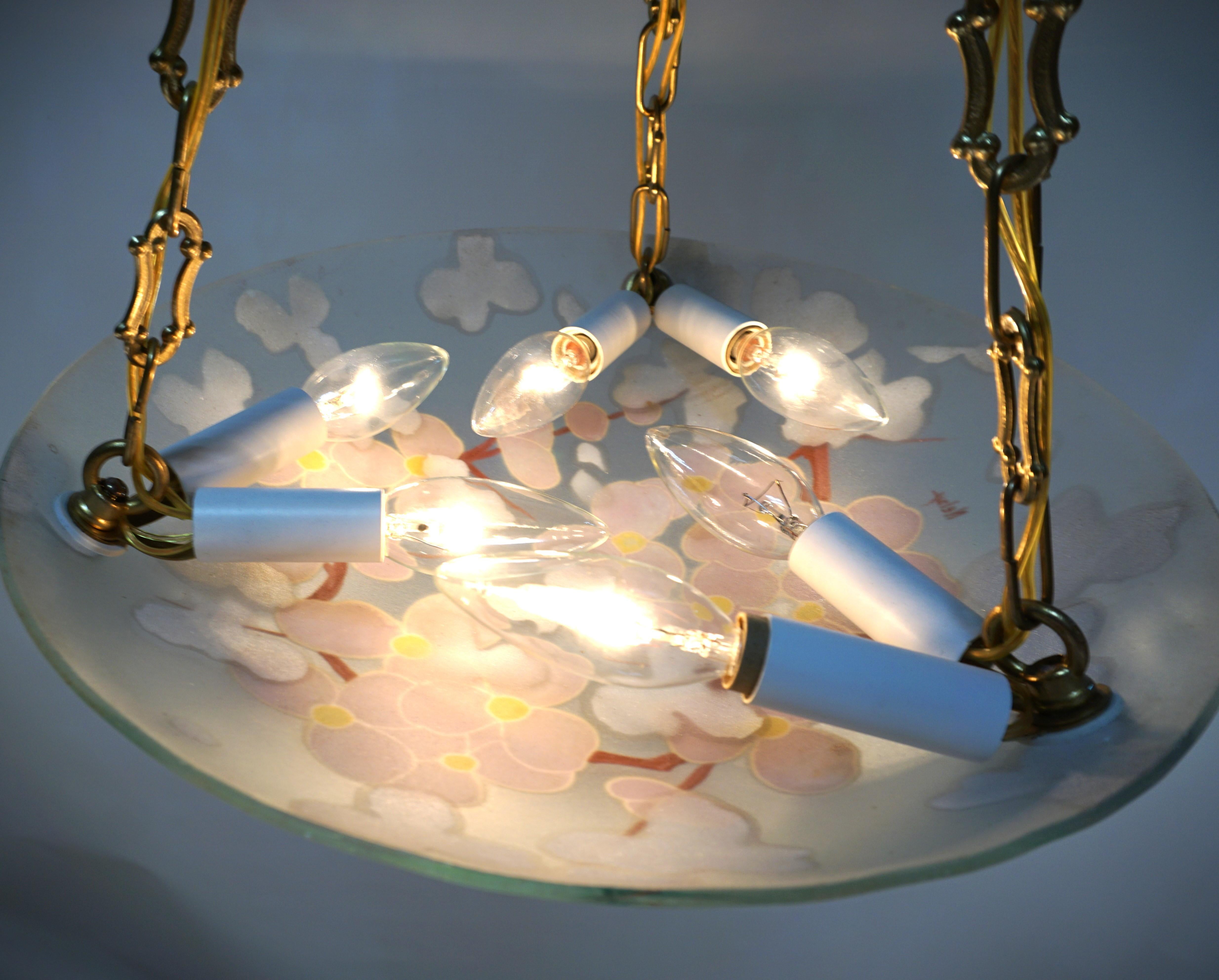 Loys Lucha Style Hand Painted 1930s Pendant Chandelier In Good Condition In Fairfax, VA