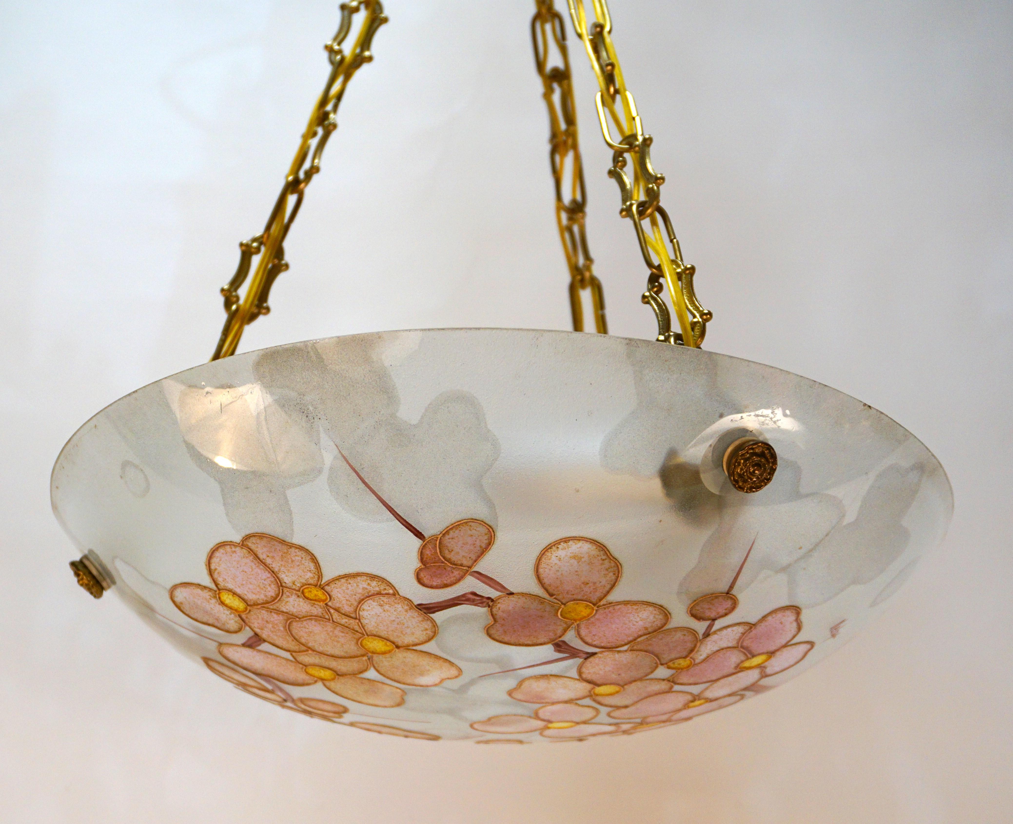 Loys Lucha Style Hand Painted 1930s Pendant Chandelier 2