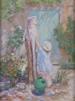 'A Young Girl with a Water Jug'. Impressionist oil painting by Loys Prat