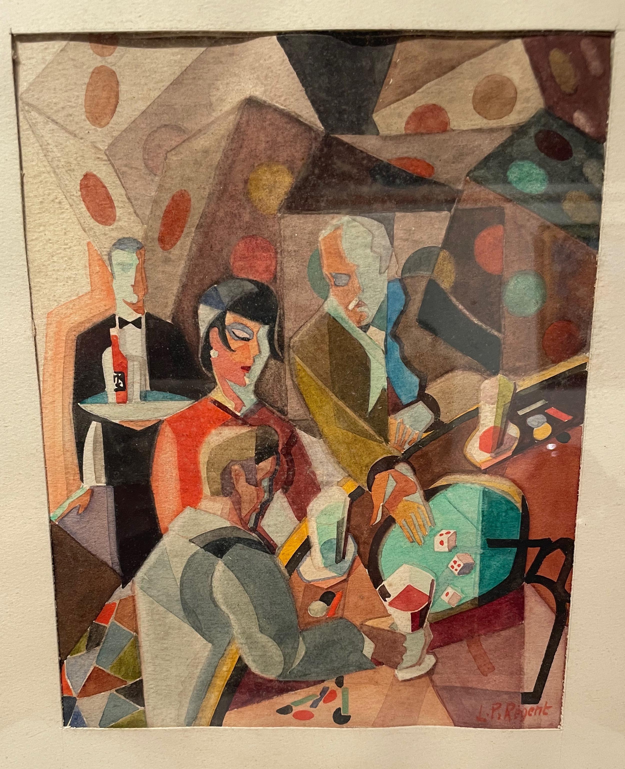 P. Regent cubist painting “GAMERS IN A BAR” 1930. Fantastic original painting showing the cubist style of men/women/waiters in a gambling room. All of the styles and colors you associate with original cubist art from the French Art Deco period.