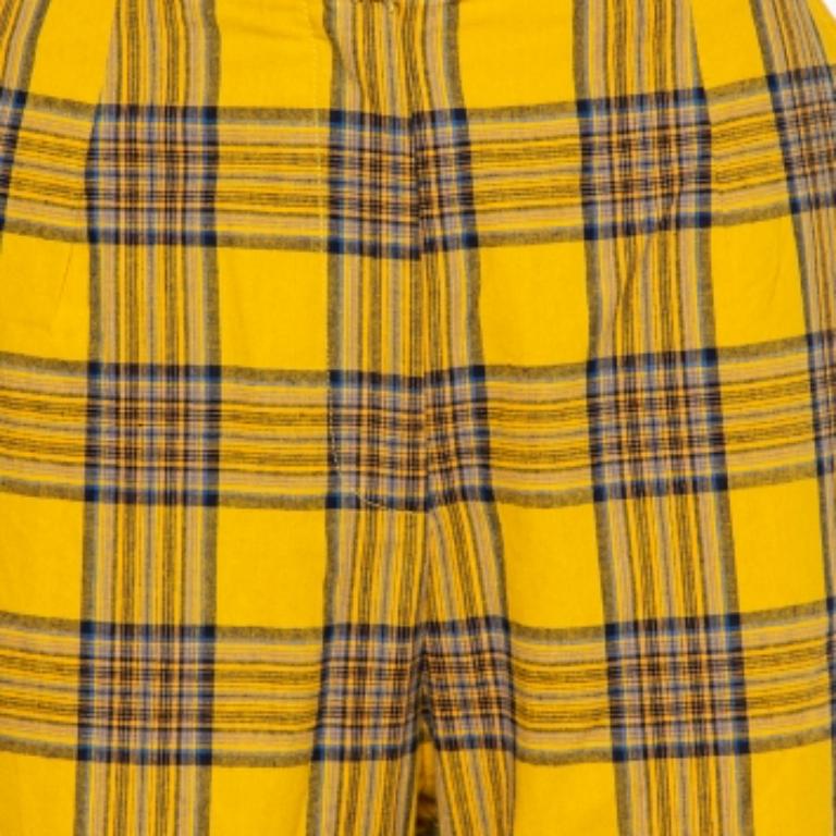 Women's LPA Mustard Yellow Cotton Plaid Slim Trousers L For Sale