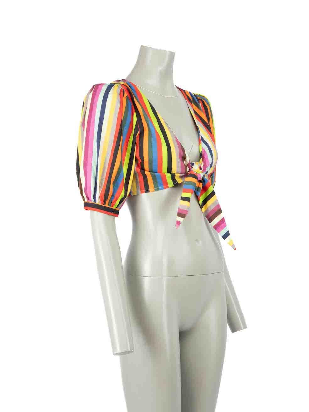 CONDITION is Never worn, with tags. No major visible wear to top is evident however very light pilling can be seen on this new LPA designer resale item.
 
 Details
 Striped Puff Sleeve Tie Front Linen Blend Crop Top
 Multicolor
 Crop fit
 Puffy