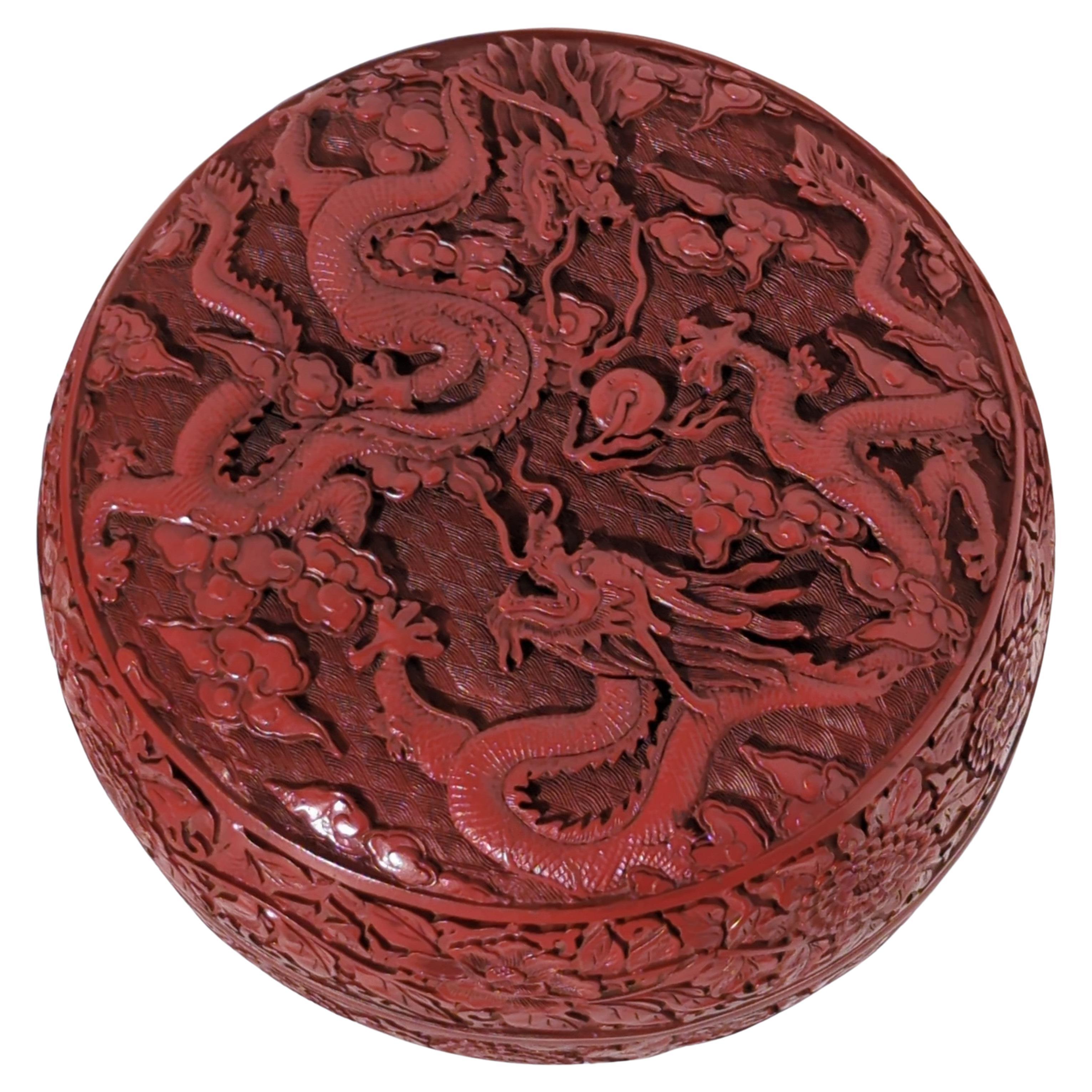 Lrg Antique Chinese Carved Cinnabar Lacquer Style Round Dragon Box Qianlong Mk For Sale 4
