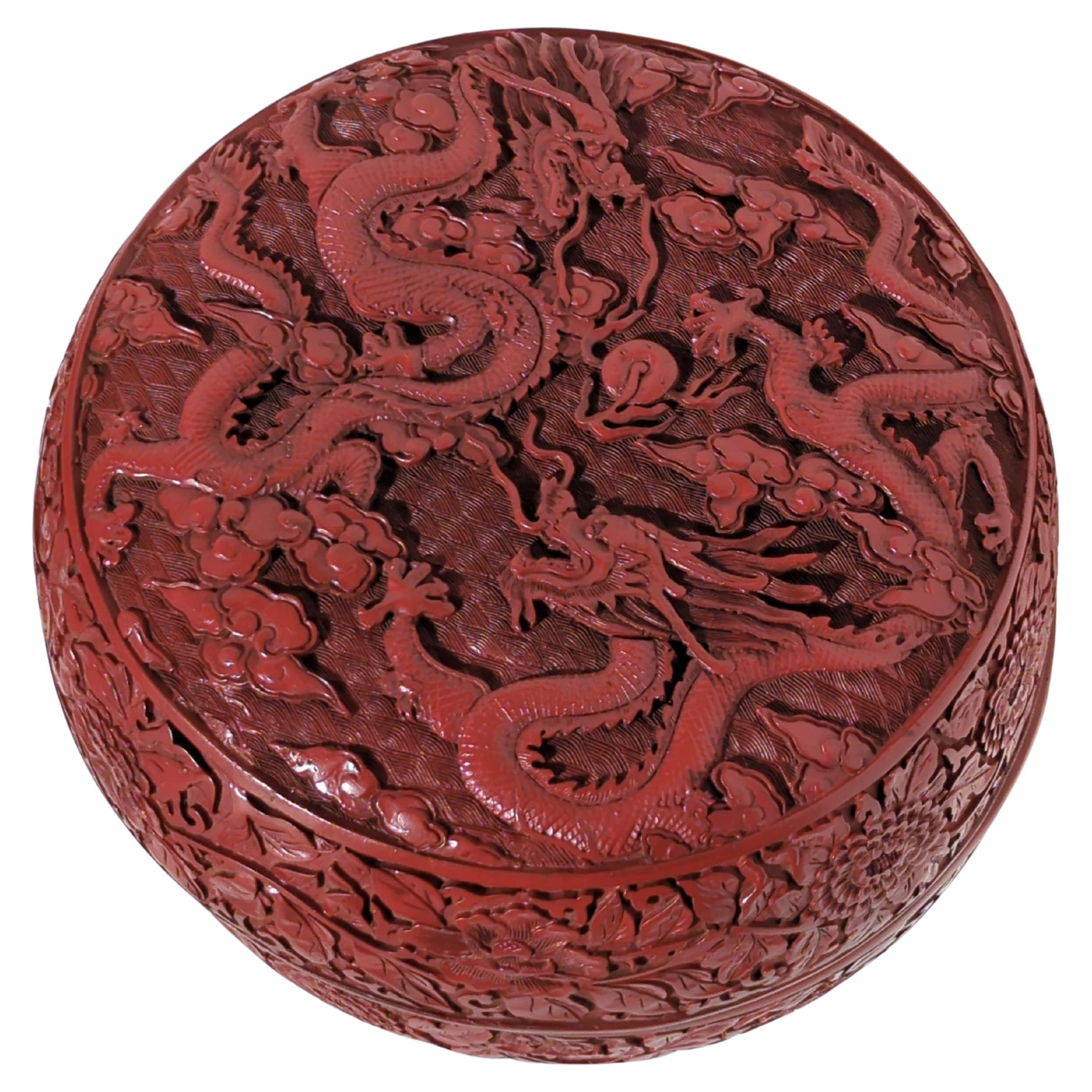 Qing Lrg Antique Chinese Carved Cinnabar Lacquer Style Round Dragon Box Qianlong Mk For Sale