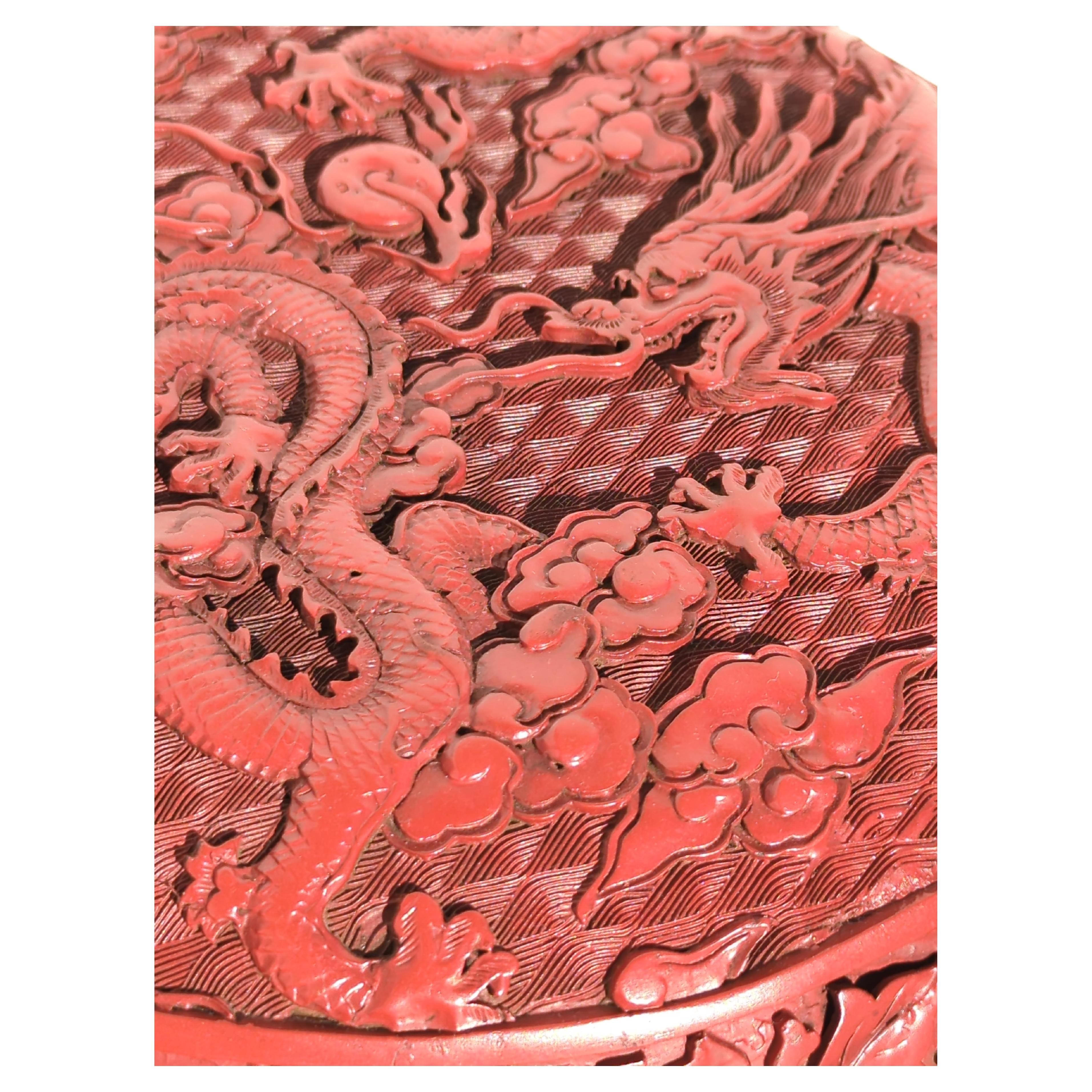 Lrg Antique Chinese Carved Cinnabar Lacquer Style Round Dragon Box Qianlong Mk For Sale 3