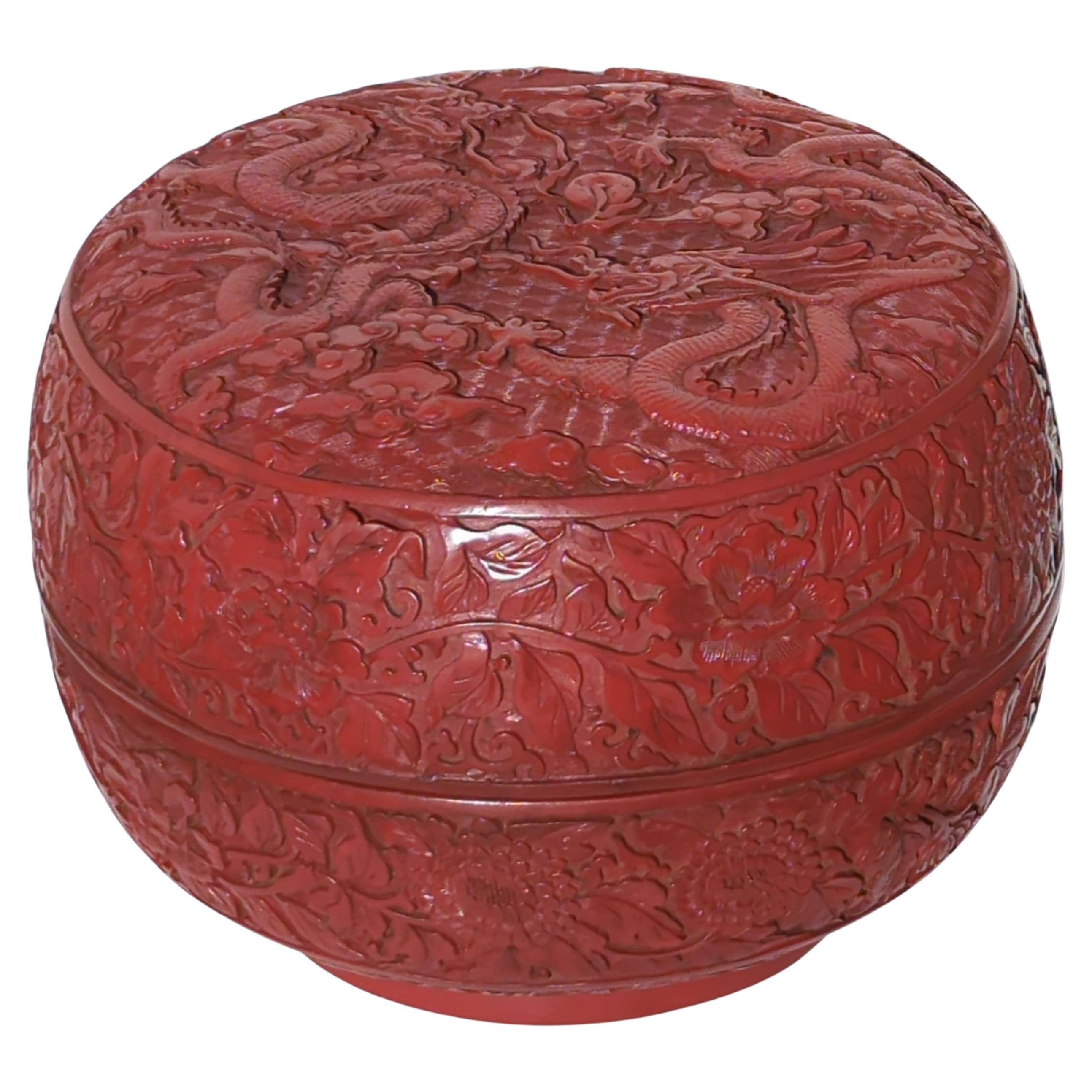 Lrg Antique Chinese Carved Cinnabar Lacquer Style Round Dragon Box Qianlong Mk For Sale