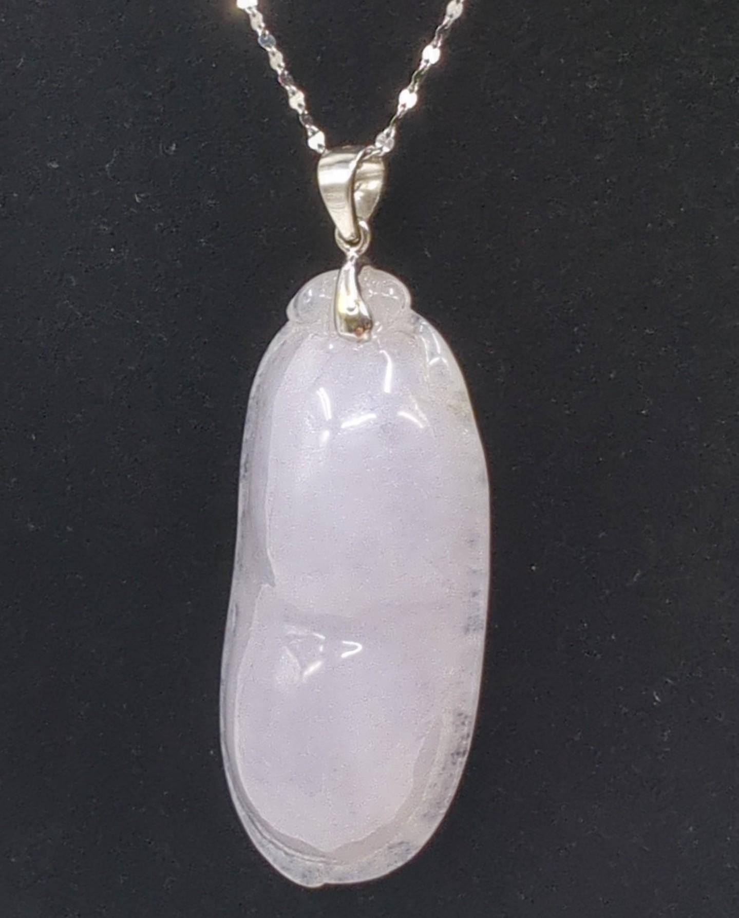 Lrg Chinese Natural Untreated Icy Lavender Jadeite Pea Pod Pendant 18K Gold Bale For Sale 7