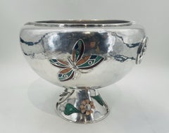 Lrg Silver Plate Punch Bowl with Stone Inlay by Emilia Castillo, Mexican Silver