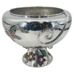 Lrg Silver Plate Punch Bowl with Stone Inlay by Emilia Castillo, Mexican Silver