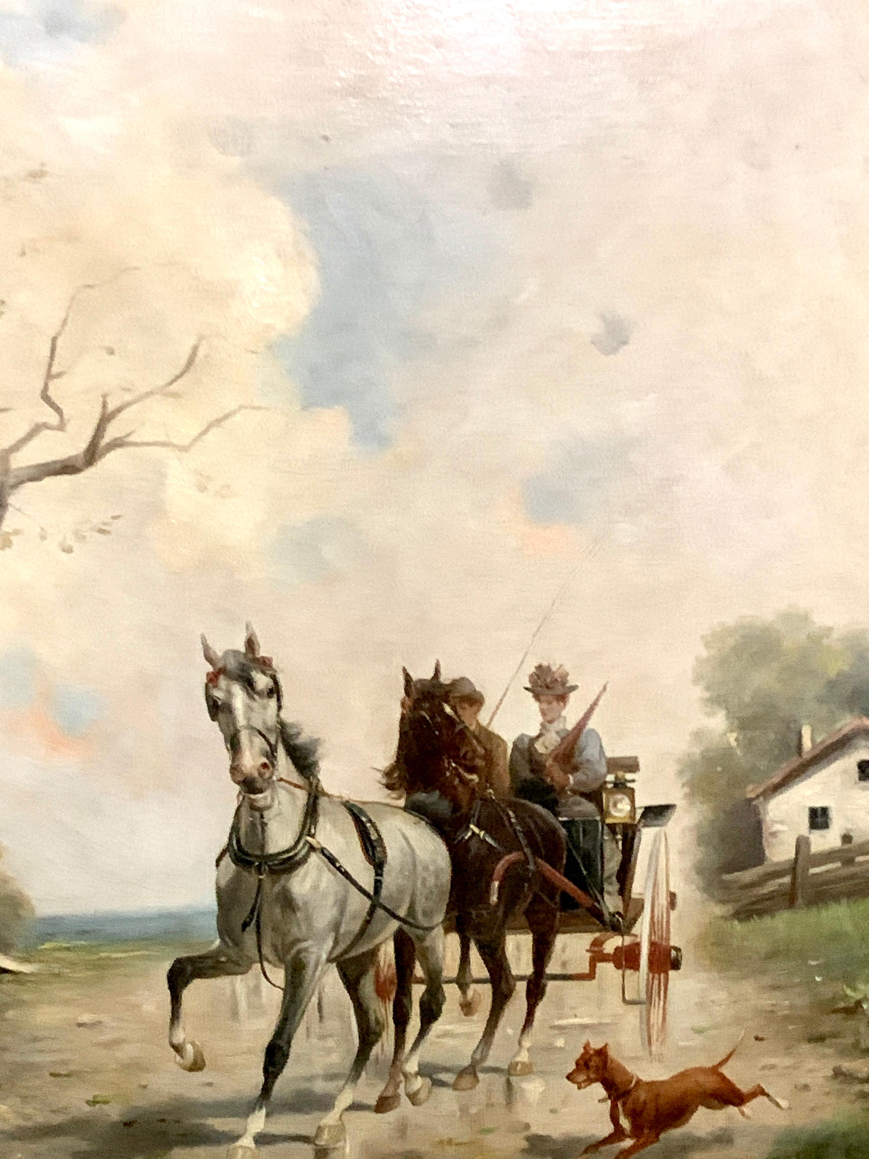 19th century oil painting of a horse and buggy with a two figures, in landscape - Painting by L.Riekers