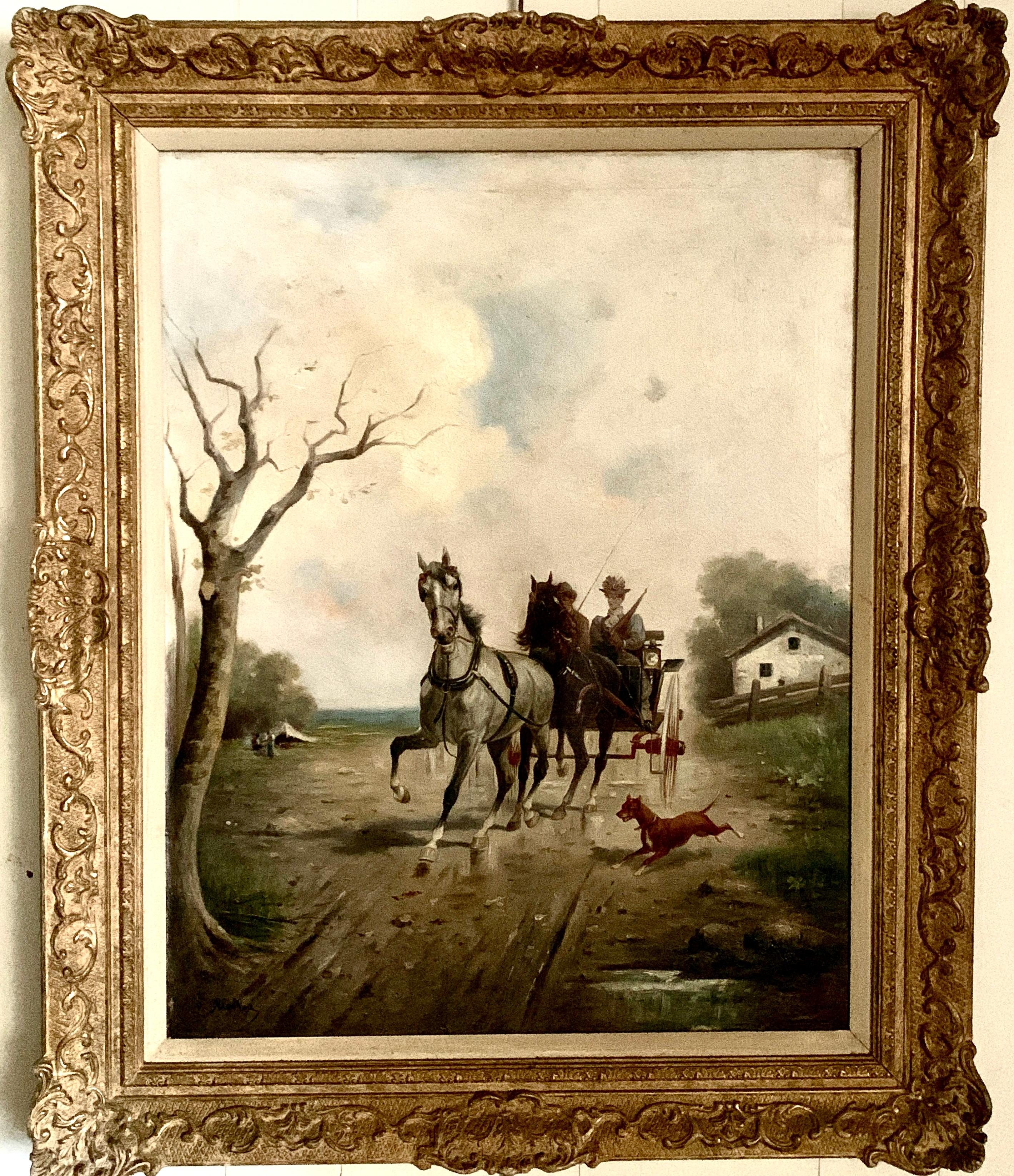 L.Riekers Animal Painting - 19th century oil painting of a horse and buggy with a two figures, in landscape