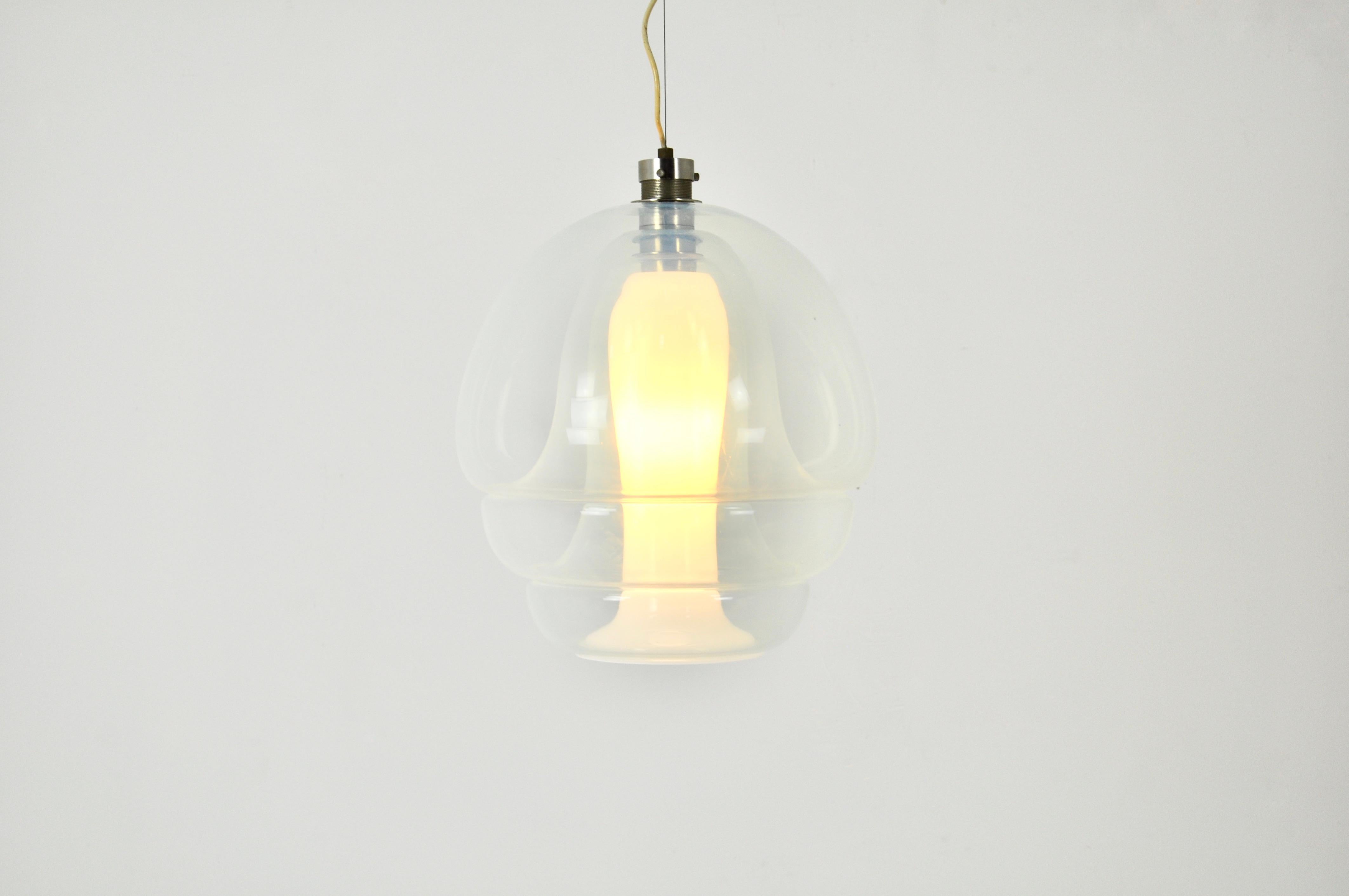 Hanging lamp in transparent glass. Adjustable height. Wear due to time and age of the chandelier.