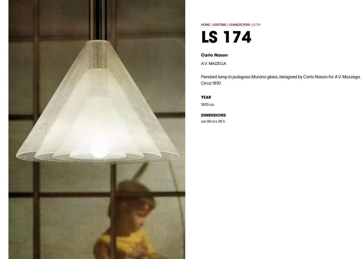 Fantastica lampada a sospensione Carlo Nason LS174 per Mazzega
Un pezzo di alto design in condizioni davvero perfette.
Quattro vetri conici in perfette condizioni.
Lunghezza del cavo di sospensione regolabile.
Completamente ricablata secondo le
