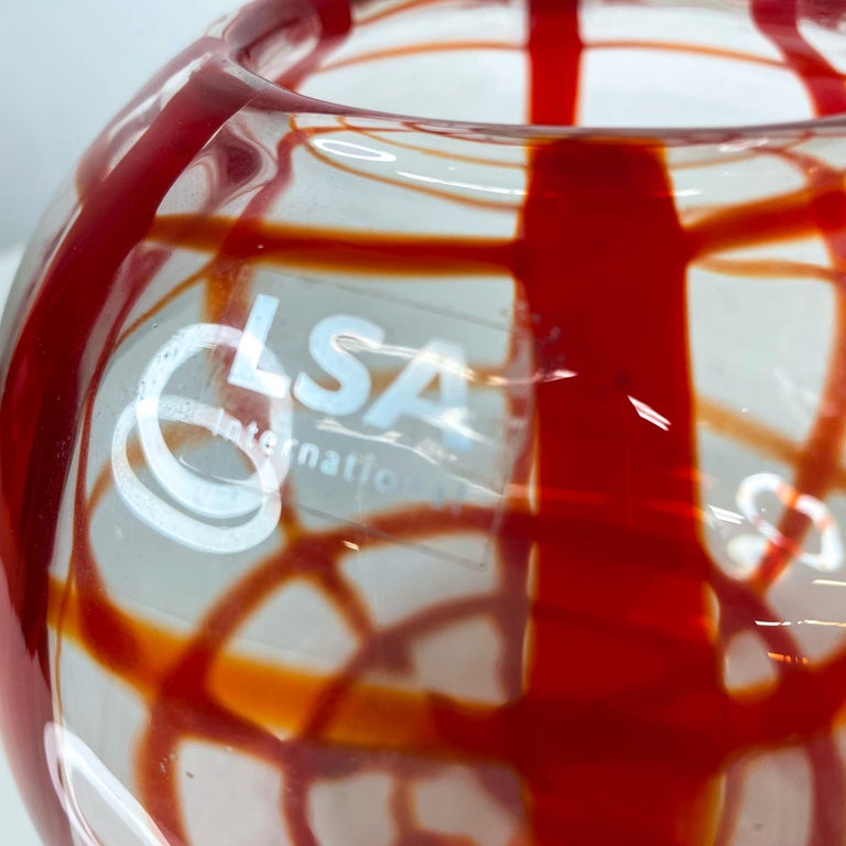 LSA International Art Glass Vase Bold Red Lines Handcrafted Mouth Blown