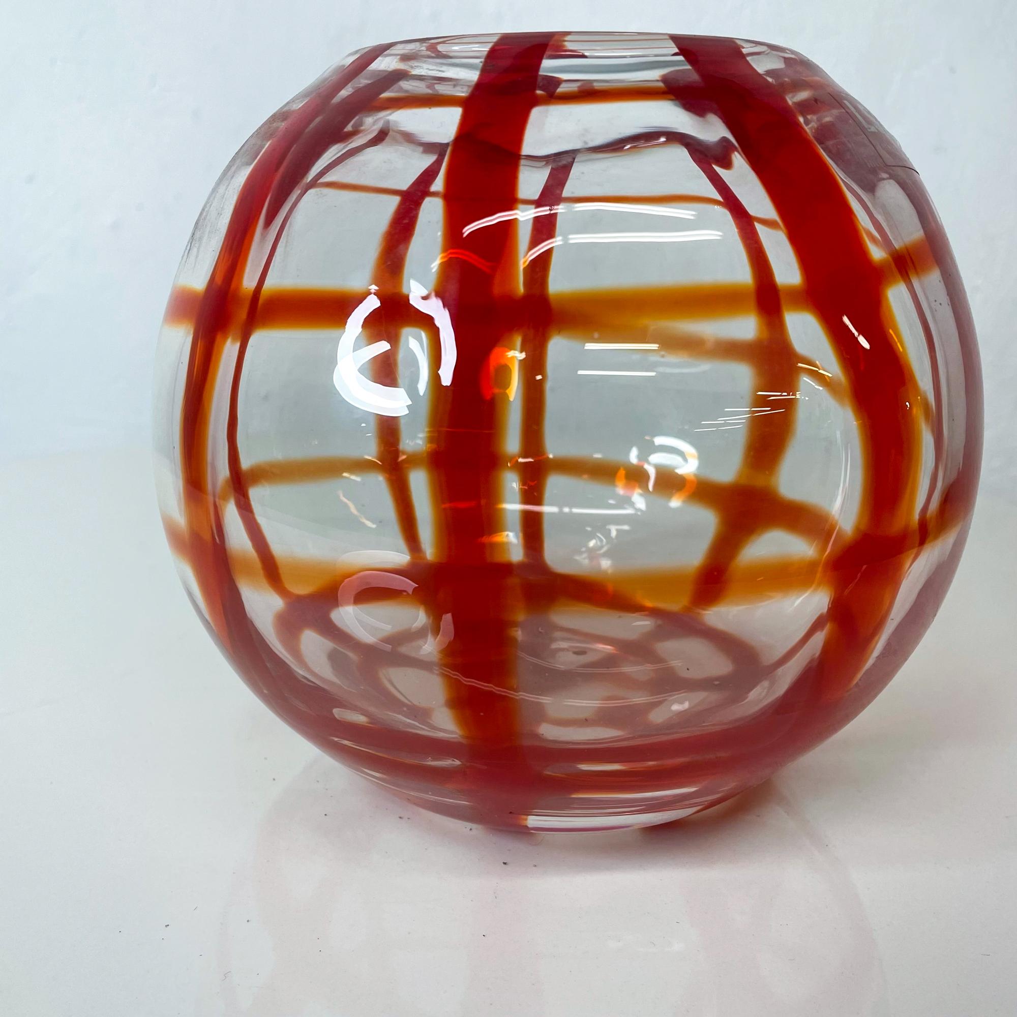Mid-Century Modern LSA International Art Glass Vase Bold Red Lines Handcrafted Mouth Blown Poland