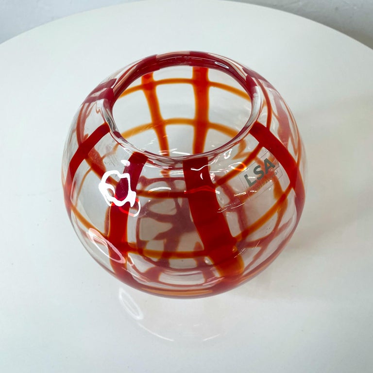 LSA International Art Glass Vase Bold Red Lines Handcrafted Mouth Blown Poland For Sale at