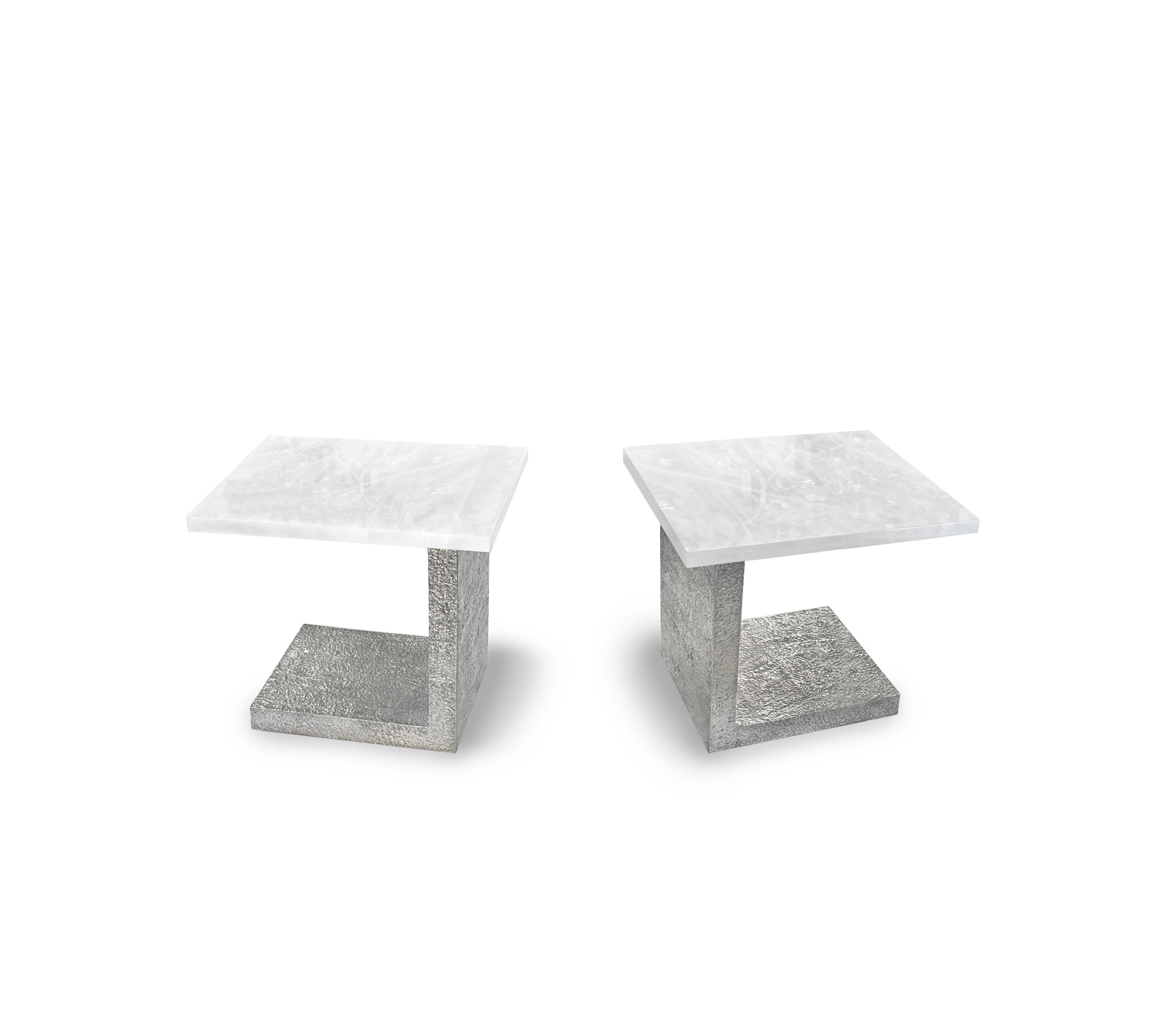 Pair of luxury white rock crystal quartz side tables with hammered nickel finish bases. Created by Phoenix Gallery, NYC.
Custom size, finish, and quantity upon request.