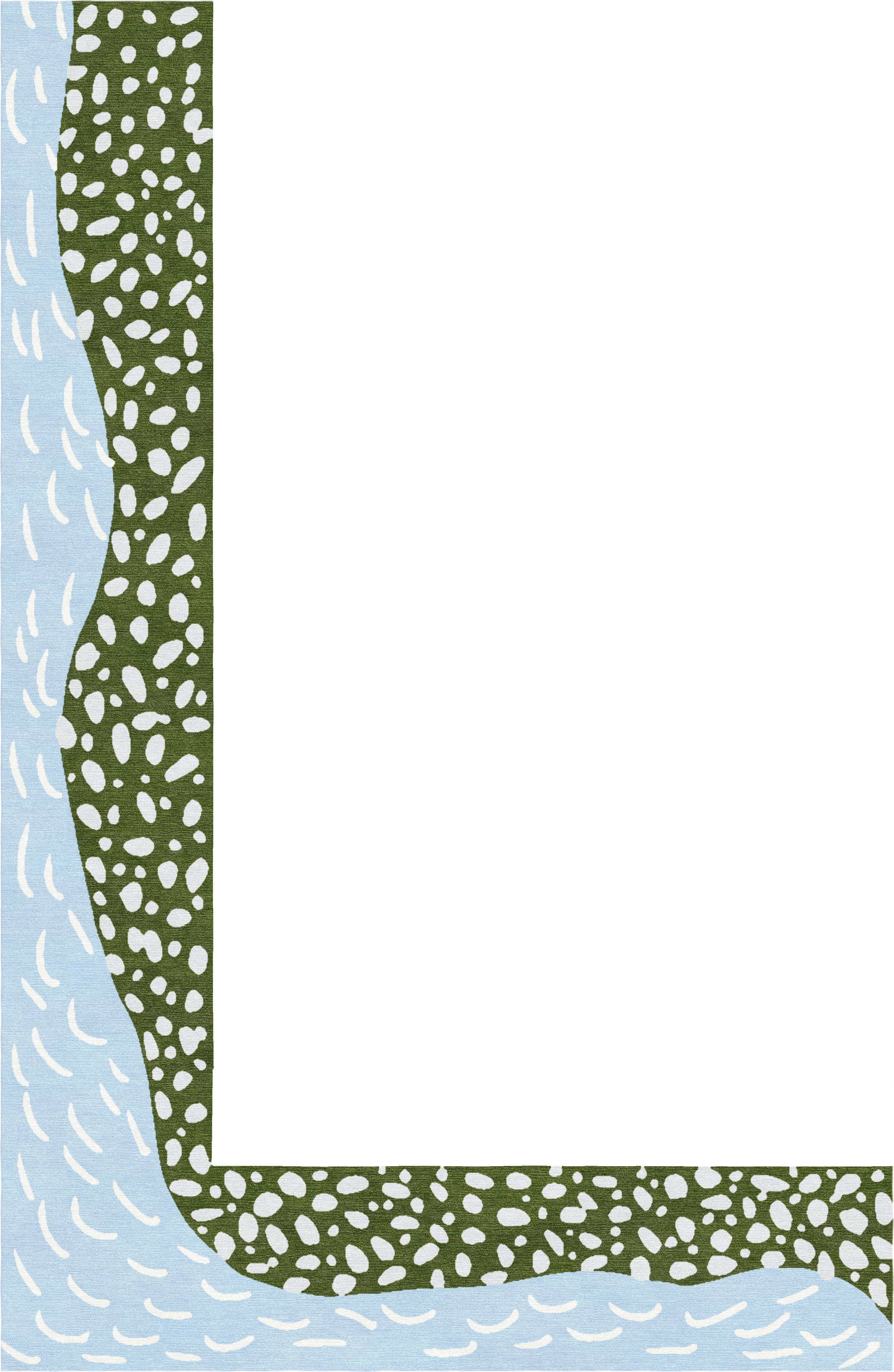L‑shaped perimeter runner border rug with Riverbend motif; hand‑knotted in Nepal For Sale